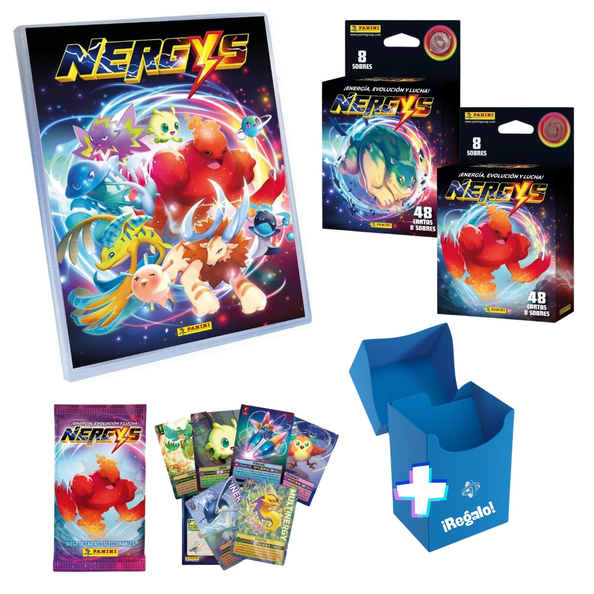 Panini Pack Cartas Nergys Diferentes Versiones para Coleccionistas y Aficionados de Cartas Exclusivas - Parecido a Pokemon y del Mismo Fabricante Que Cromos La Liga (Álbum+16 Sobres)