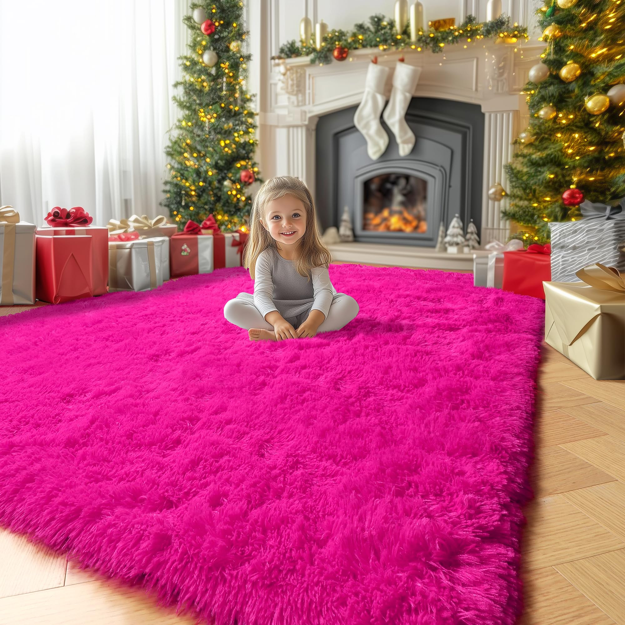 Amdrebio Hot Pink Rugs for Girls Bedroom, 5x7 Fluffy Fuzzy Area Rugs for Kids Room Decor, Shag Plush Furry Carpet for Living Room Nursery Dorm Classroom Playroom, Cute Shaggy Baby Teen Princess Rug