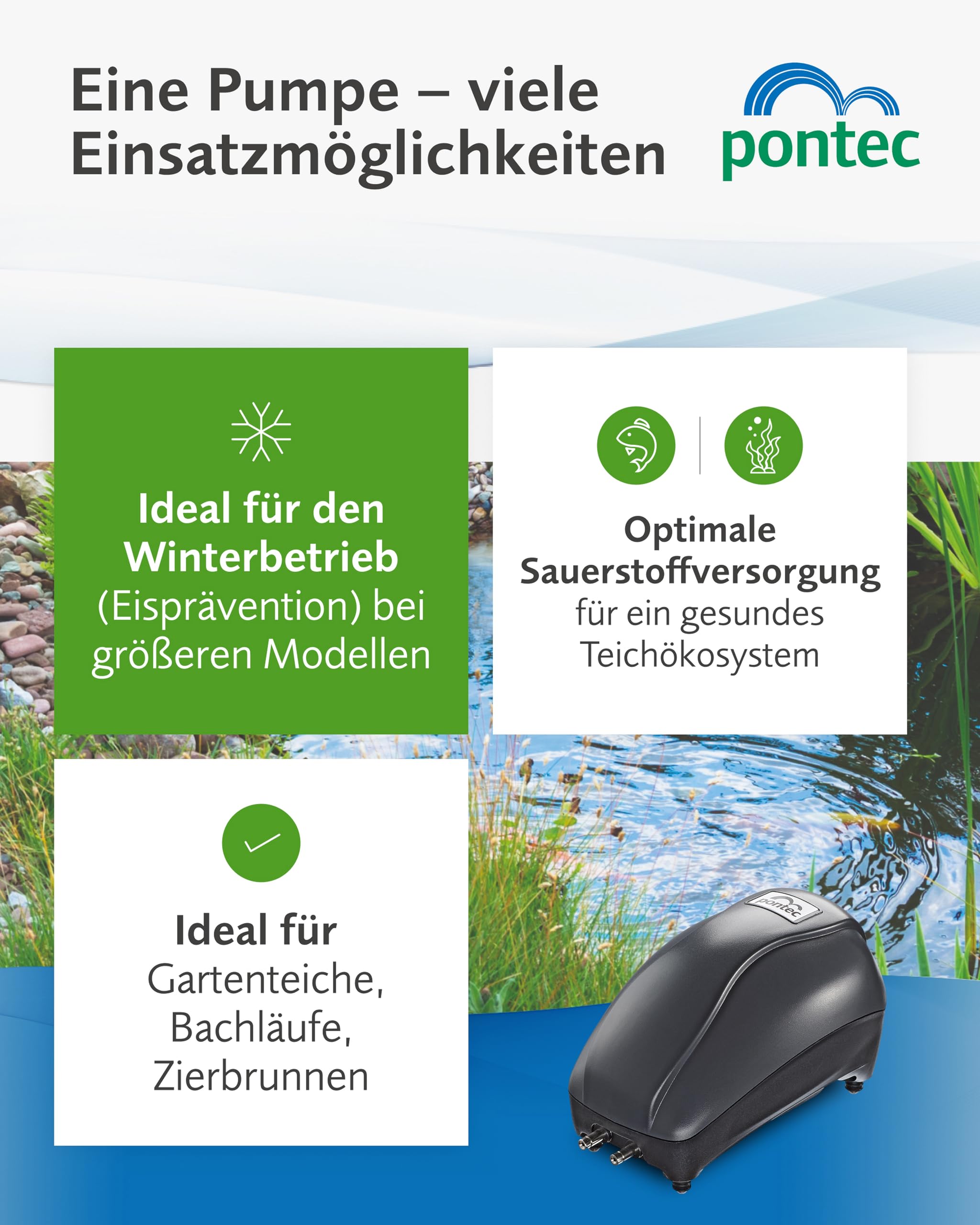 Pontec PondoAir Set 200 - Luftpumpen-Set zur Sauerstoffversorgung von Flora und Fauna / Teichbelüfter für den Einsatz an Teichen bis 2.000 l, Schwarz