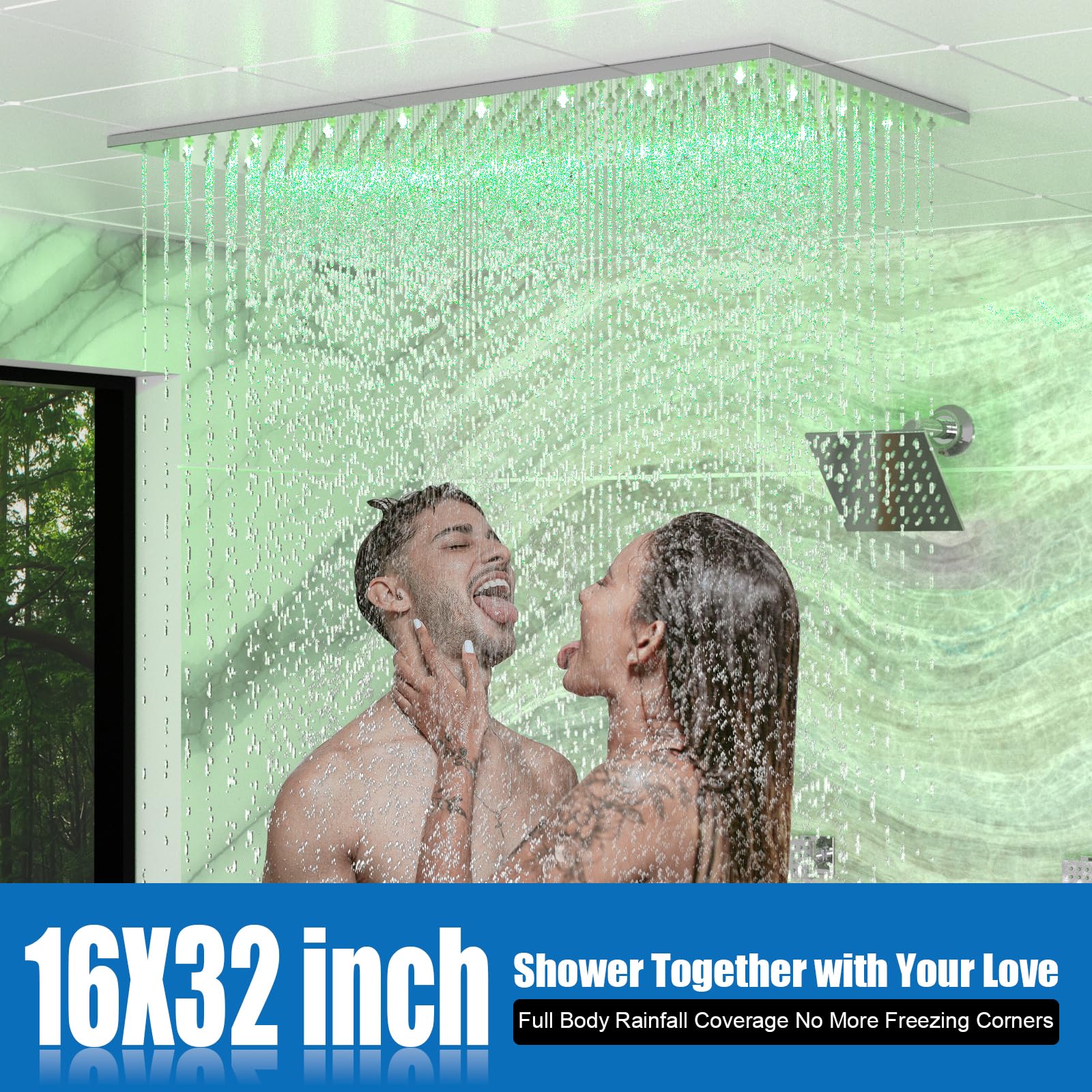 Enga Sistema termostático de doble cabezal de ducha, 15.7 x 31.5 pulgadas, ducha LED de lluvia con cabezal de pared de 6 pulgadas, 6 chorros de cuerpo con interruptor de encendido/apagado, juego de
