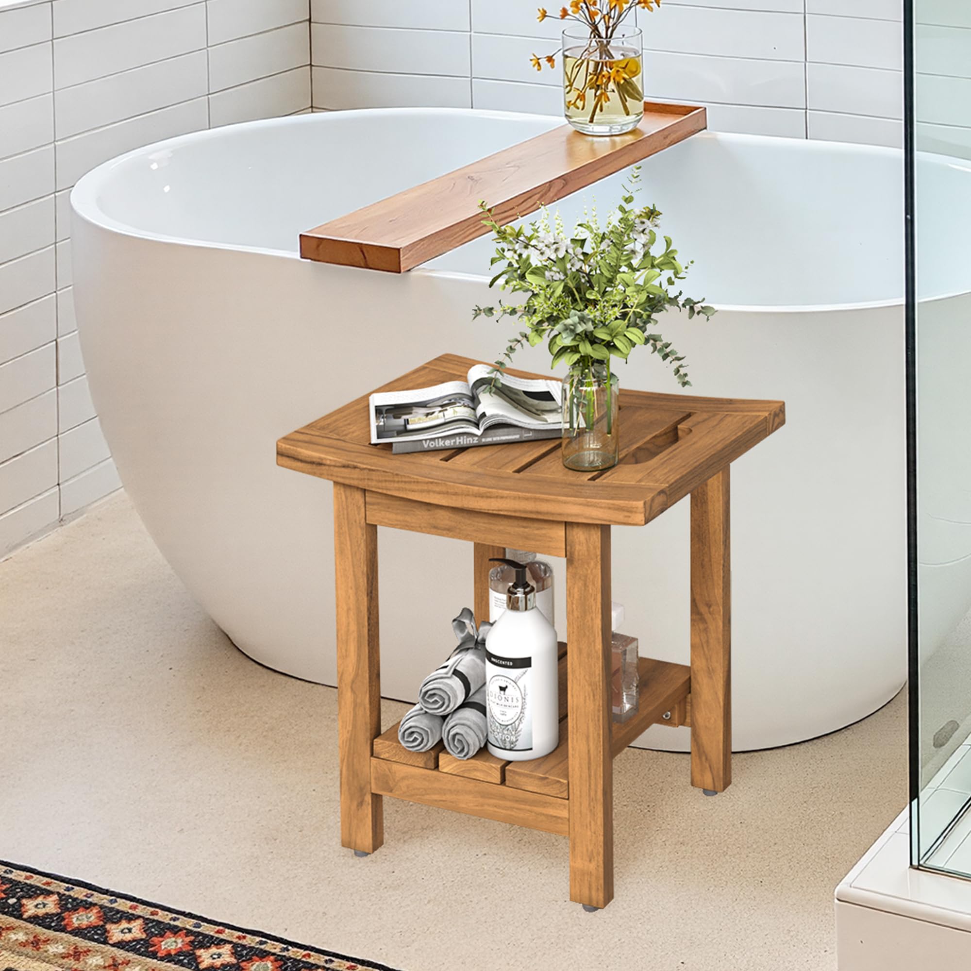 Teak stołek prysznicowy z półką do przechowywania, wodoodporne siedzisko łazienkowe z uchwytami, kompaktowa kwadratowa konstrukcja do spa, naturalne wykończenie, 40 x 29,5 x 41,4 cm