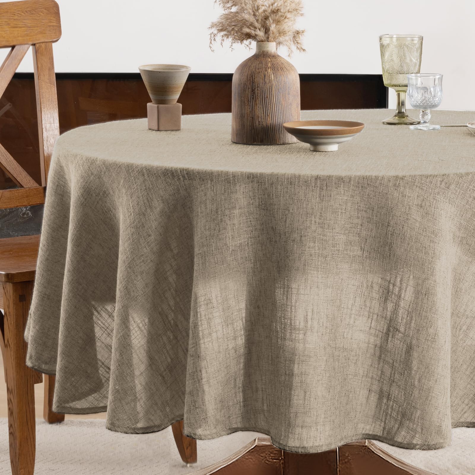 FIBORIA Round Table Cloth Brown Faux Linen Tablecloth 150 cm Wipeable Water Resistant Tablecloths Stain Resistant Washable Table Cloths for Christams Xmas Kitchen Coffee Winter Decor,71 Inch