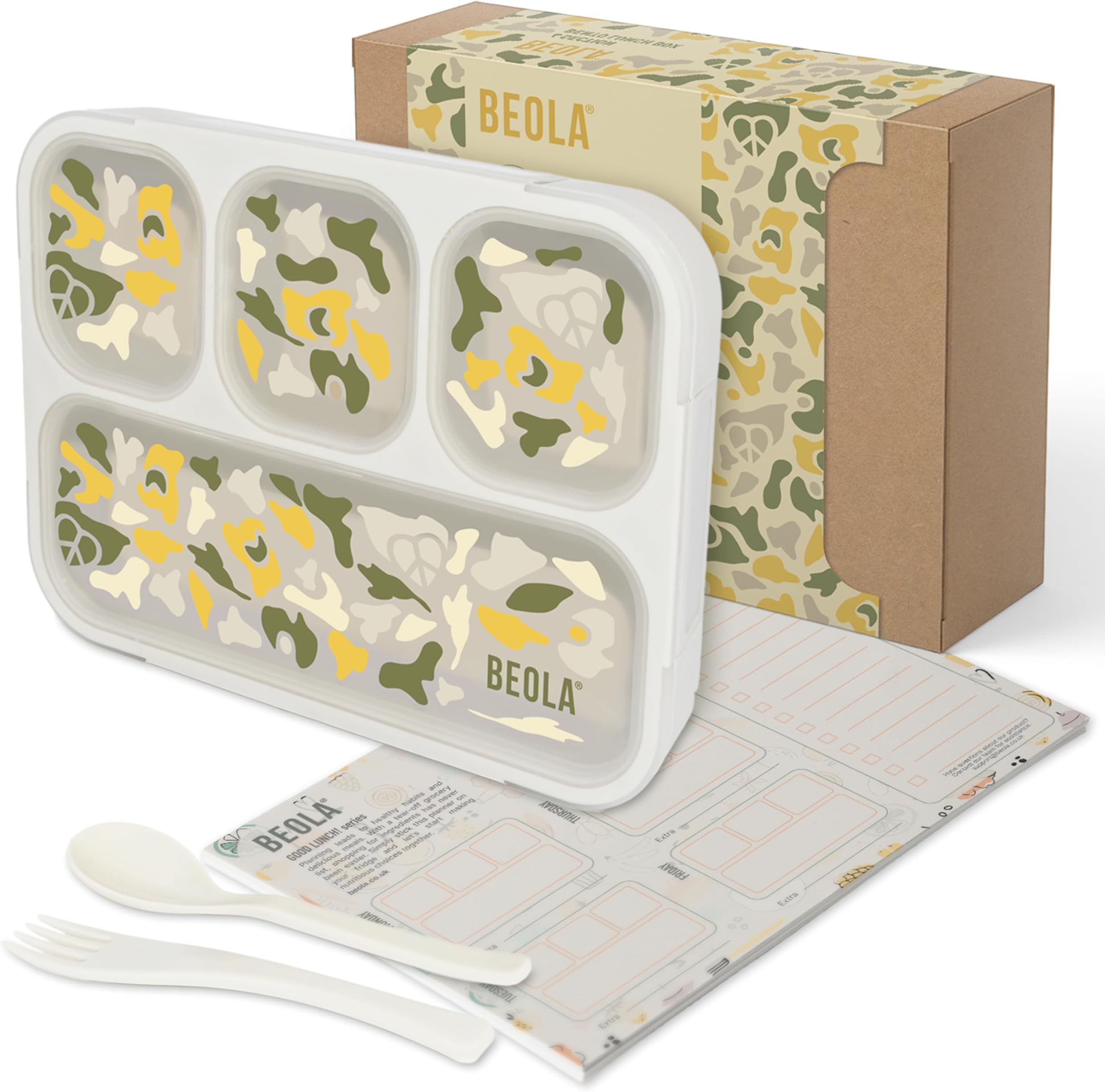 BEOLA Lunch Box for Kids Adults, Multi Compartment Lunch Bento with Magnetic Meal Planner, 3 or 4 Compartment Snack Box, BPA free, with Cutlery Set (4Sand Camo)