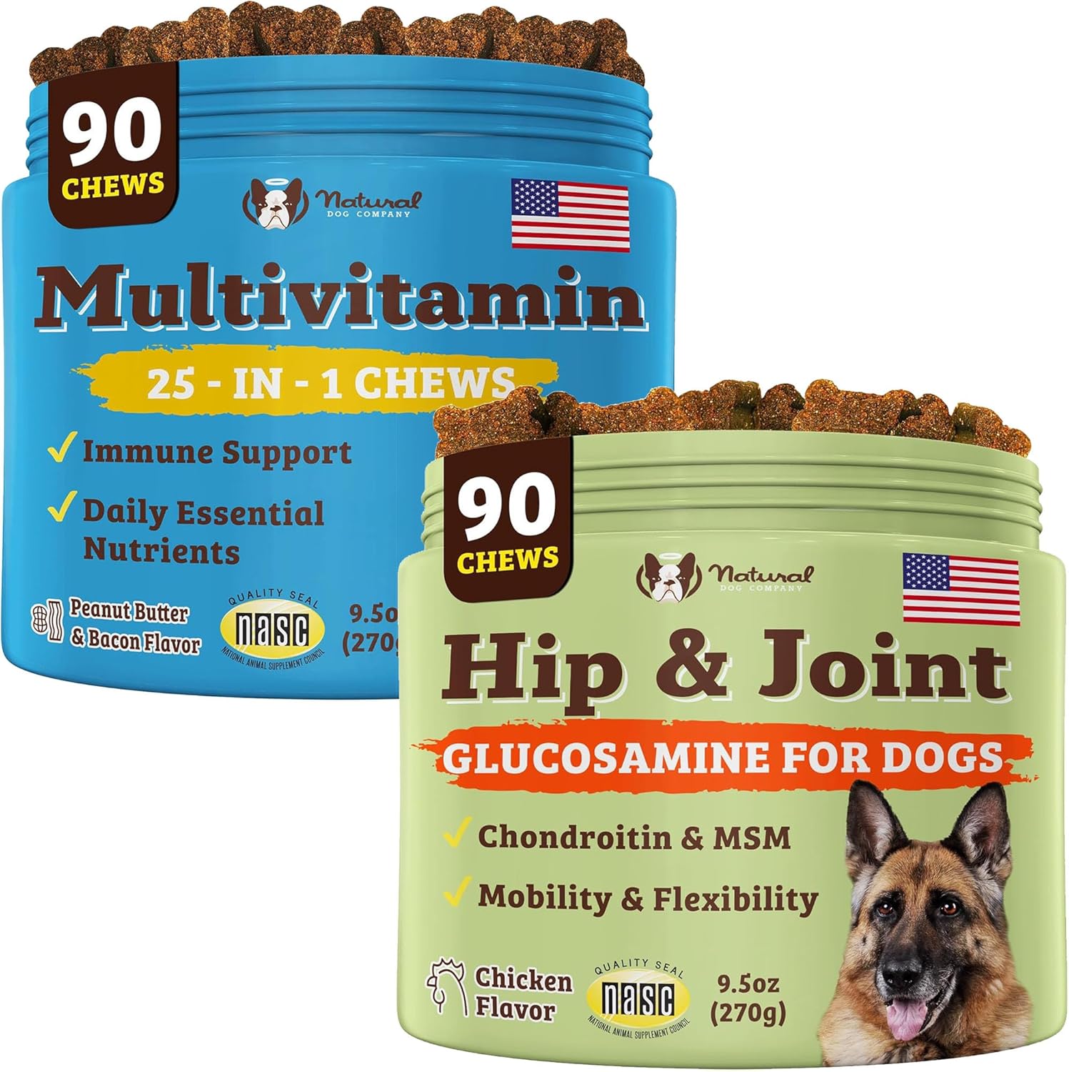 Natural Dog Company Dog Supplements for Seniors & Active Dogs – Multivitamin Chews & Hip & Joint Relief – Complete Nutritional Support for Joint Health, Vitamins for Dogs, Energy, & Vitality