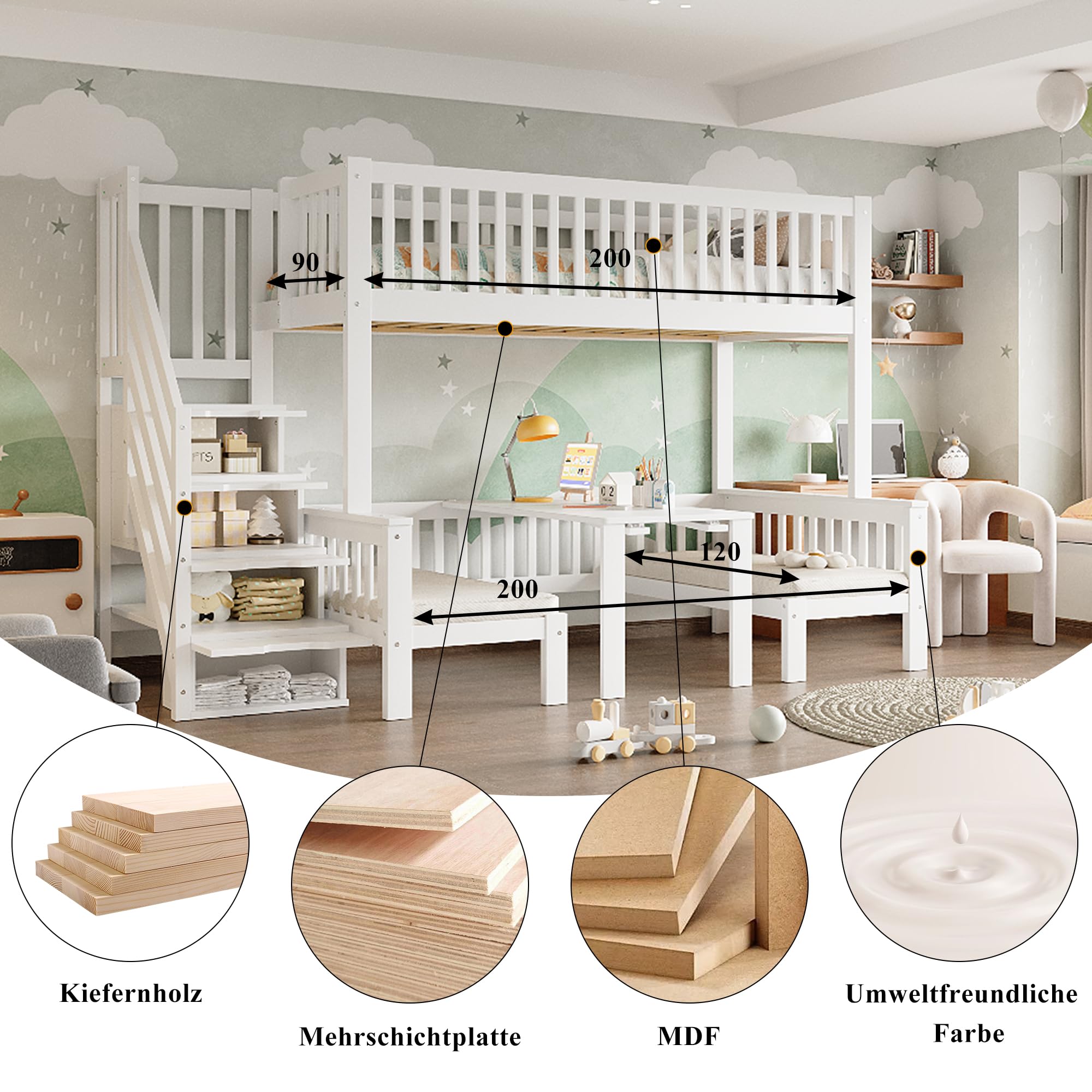 Azkoeesy Kinderbett Etagenbett mit Treppe und Stauraum, 90x200 + 120x200 cm, umbaubar in Sofa und Schreibtisch, Multifunktionales Hochbett für 2 Erwachsene und Jugendliche, Kiefernholz, weiß