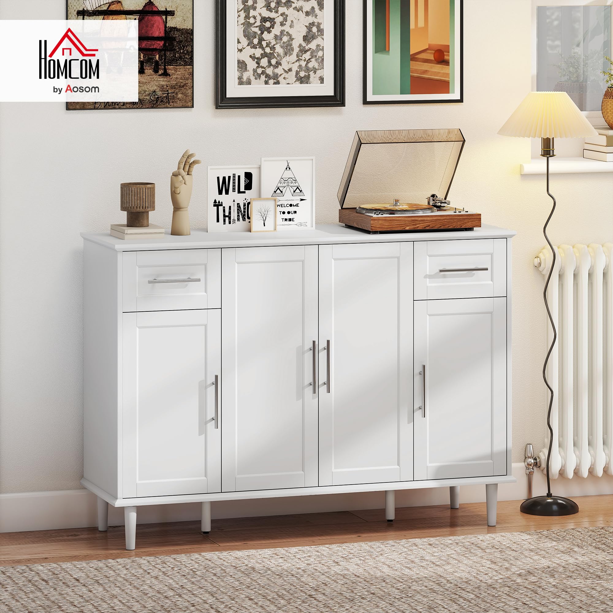 HOMCOM Mobile Soggiorno, 2 Cassetti 3 Armadietti, 120x38x86 cm, Bianco | Credenza Soggiorno, Mobile Cucina120 cm, Ripiani Regolabili, Madia, Gambe in Pino, Sala da Pranzo, Cucina