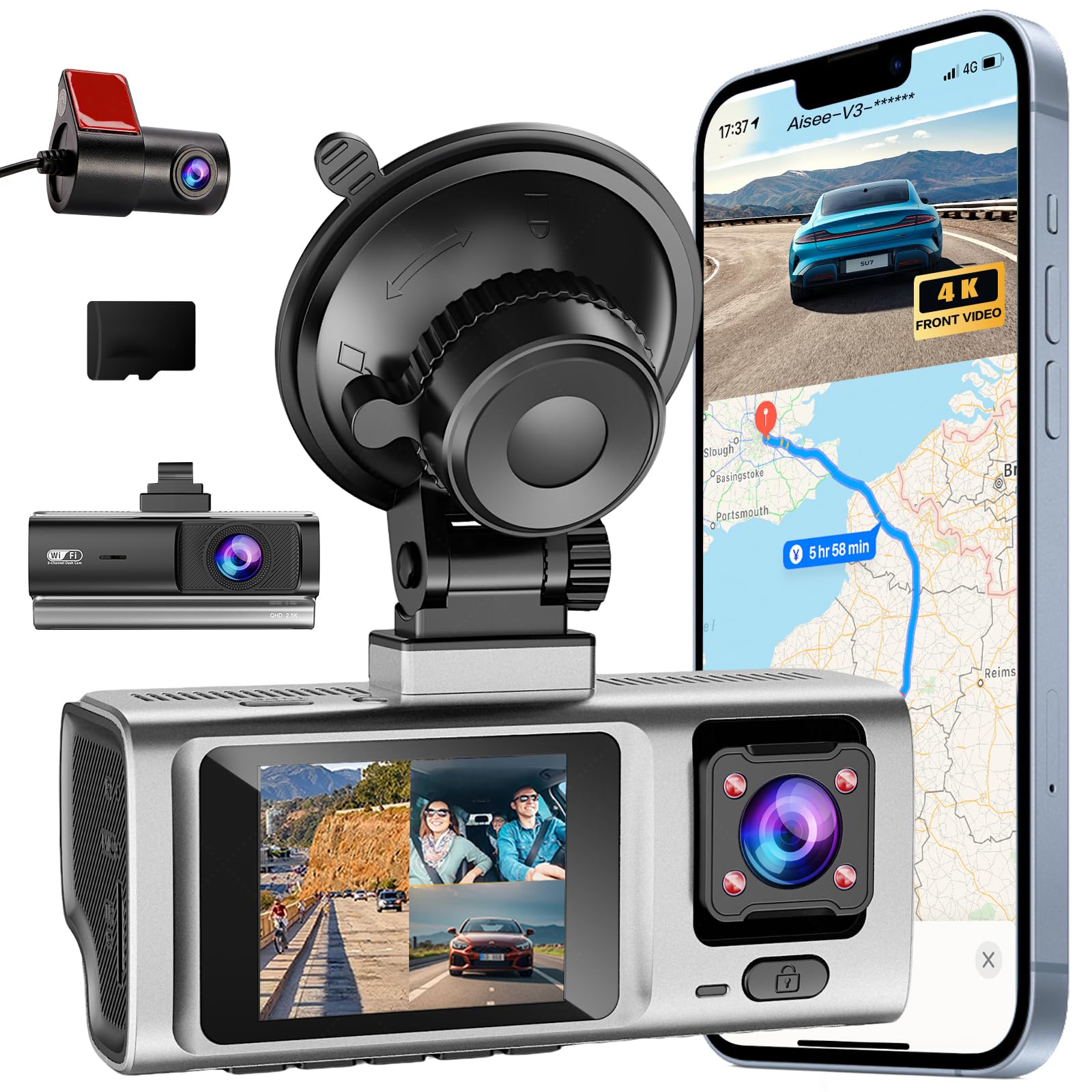Photo 1 of 3 Channel Dash Cam 4K, Dash Cam Front and Rear,WiFi Dash Camera with APP Control, 4 IR Lights, 24H Parking Mode with Time-Lapse, G-Sensor, Loop Recording,Free Card