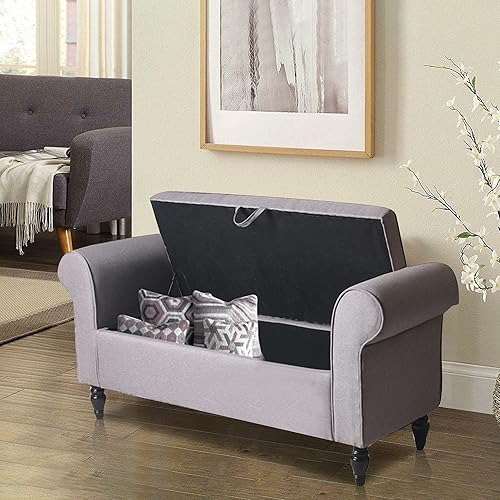Miniatura 5 de Alunaune Banco de almacenamiento tapizado gris para dormitorio, extremo del banco con banco otomano de almacenamiento, moderna tela de lino