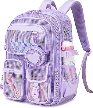 Mesh Backpack for School, Heavy Duty Large Capacity Bookbag, Breathable See Through Clear Beach Bag with Detachable Coin Purse for Kids, Girls, Boys, Net Backpack for Sport Gym Travel Pool