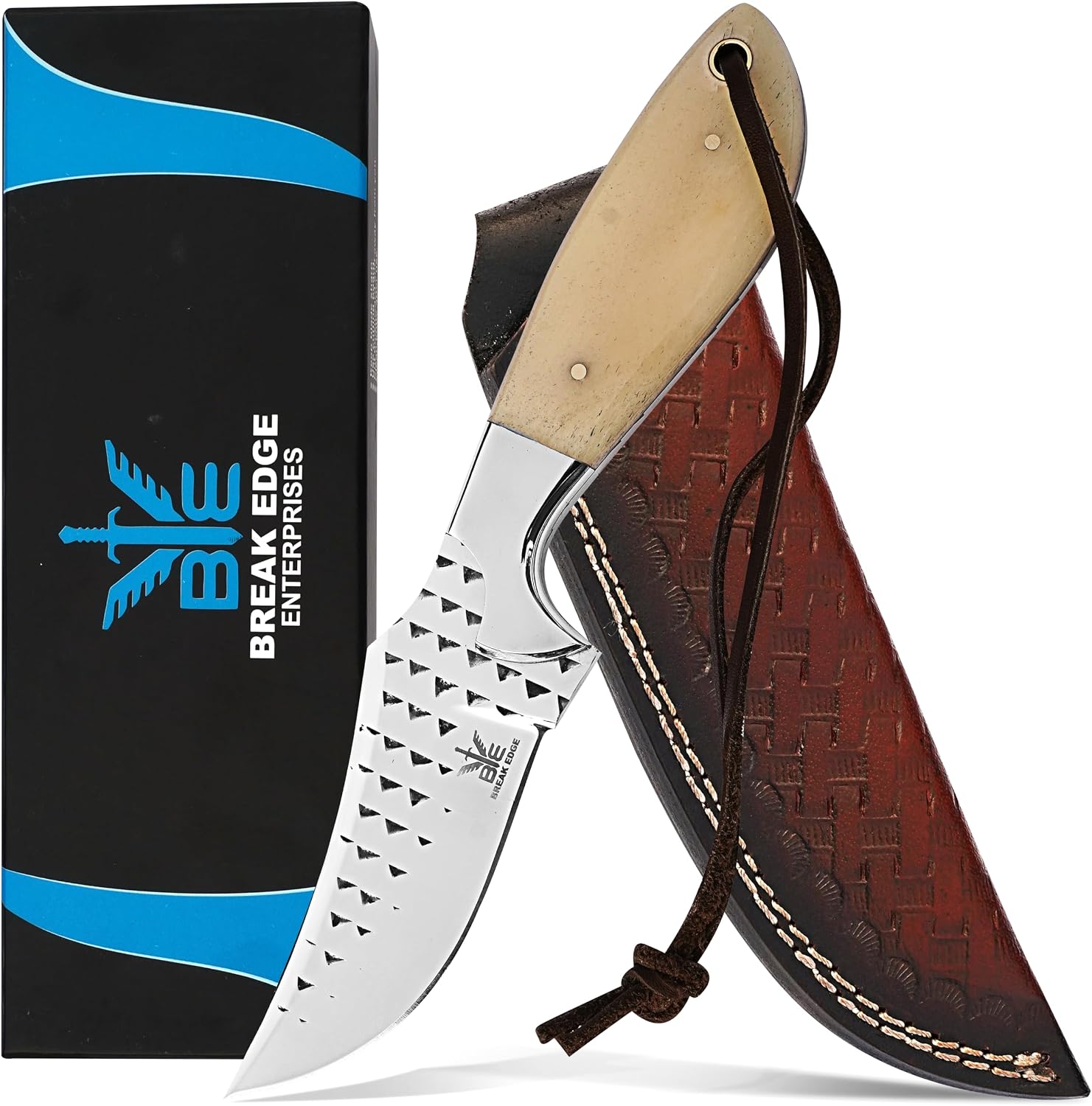 Break Edge Handcrafted Cowboy Hunting Knife with Leather Sheath Premium Handle Best Gift for Boy Friend and Father Day. (White)