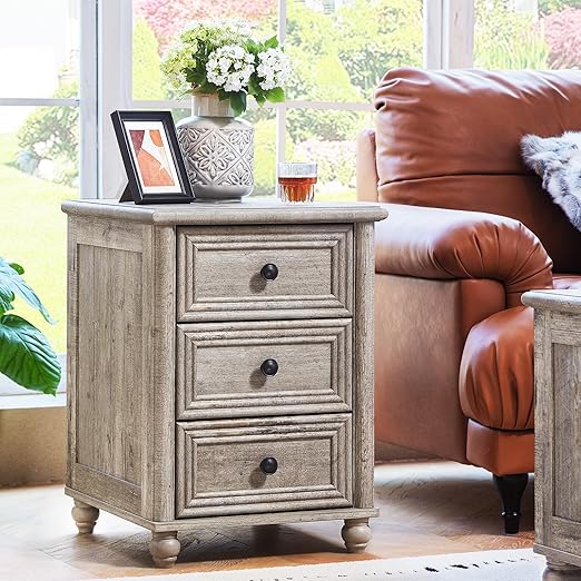 18" Farmhouse Night Stand, Wood Nightstand with 3 Drawers, Grey Bedside End Table with Storage and Roman Column, Bed Side Tables Cabinet for Bedroom, Living Room, and Closet