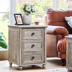 18" Farmhouse Night Stand, Wood Nightstand with 3 Drawers, Grey Bedside End Table with Storage and Roman Column, Bed Side Tables Cabinet for Bedroom, Living Room, and Closet