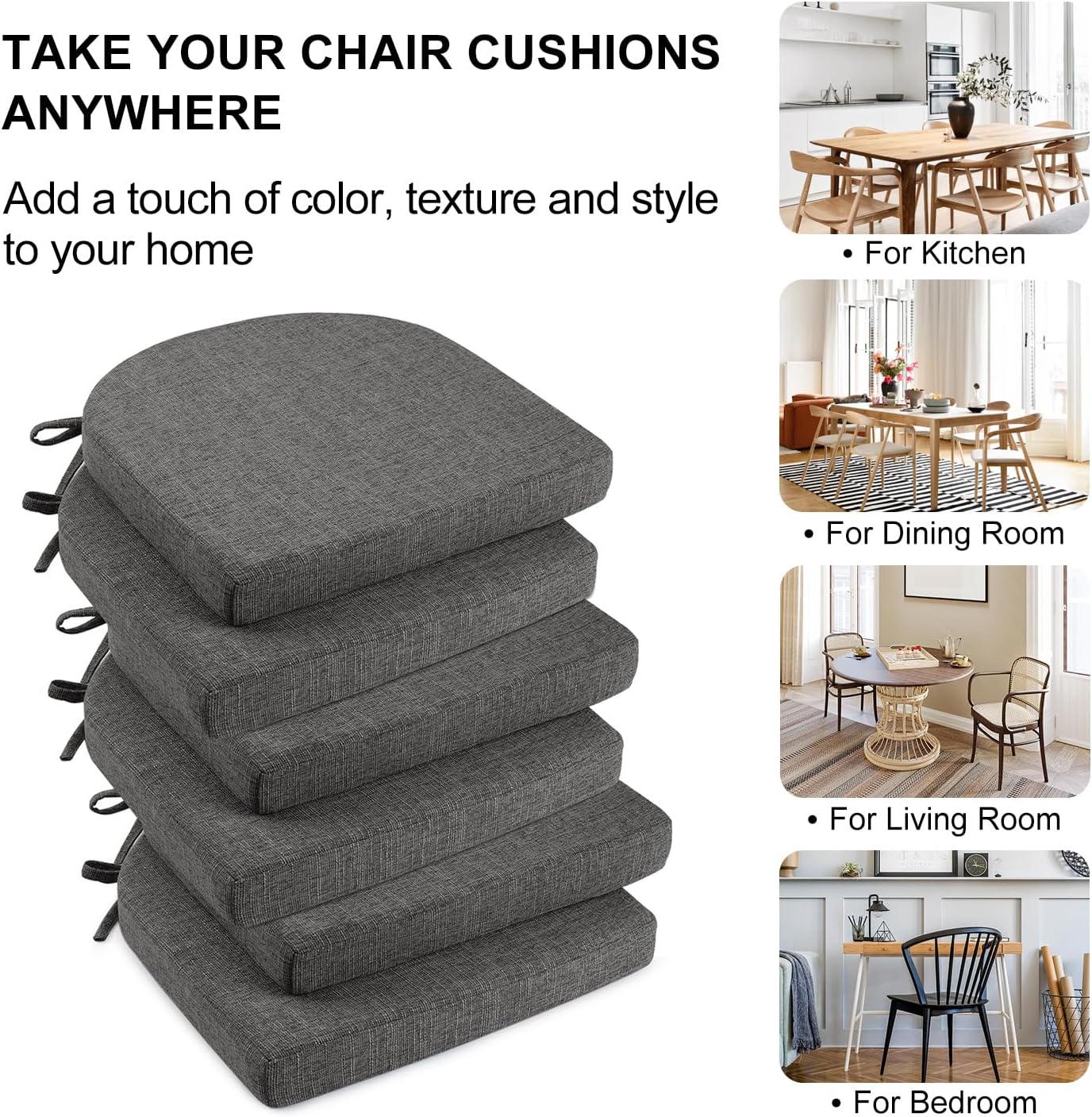 Wellsin Chair Cushions for Dining Chairs 6 Pack - Kitchen Chair Cushions with Ties and Non-Slip Backing - Dining Chair Pads 16"X16"X2", Dark Gray