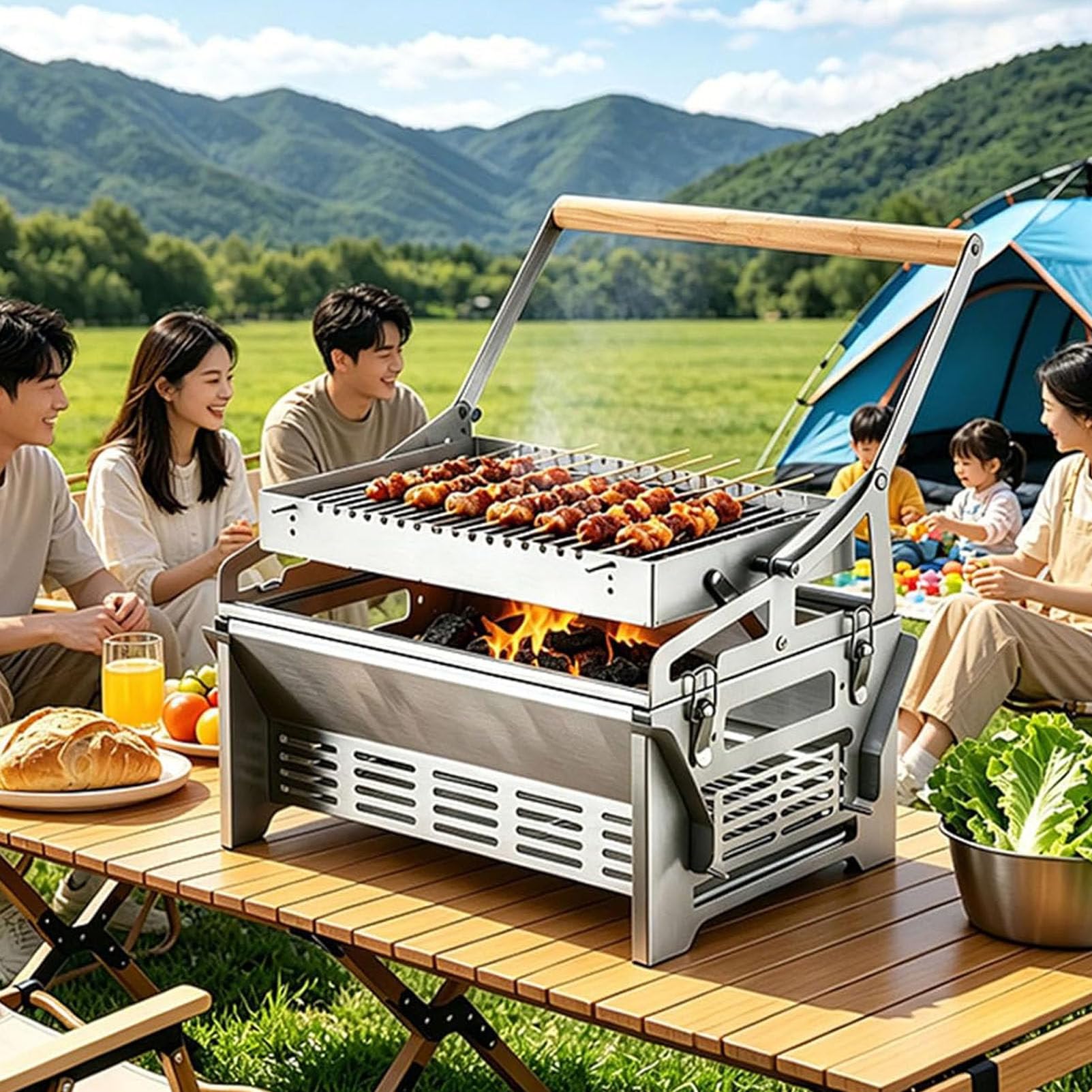 PioMue Rotating BBQ Grill, Flip Grill Manual Push-Pull Auto Flipping Charcoal Grill, 360° Rotating BBQ Cooking Grid for Outdoor Smoking, Picnics, Camping Barbecues