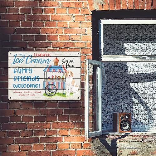 Miniatura 5 de Placa de metal con texto en inglés Cute Pet Dog Serve Here, placa de metal rústica de verano con frutas, decoración de lata, escena de playa con