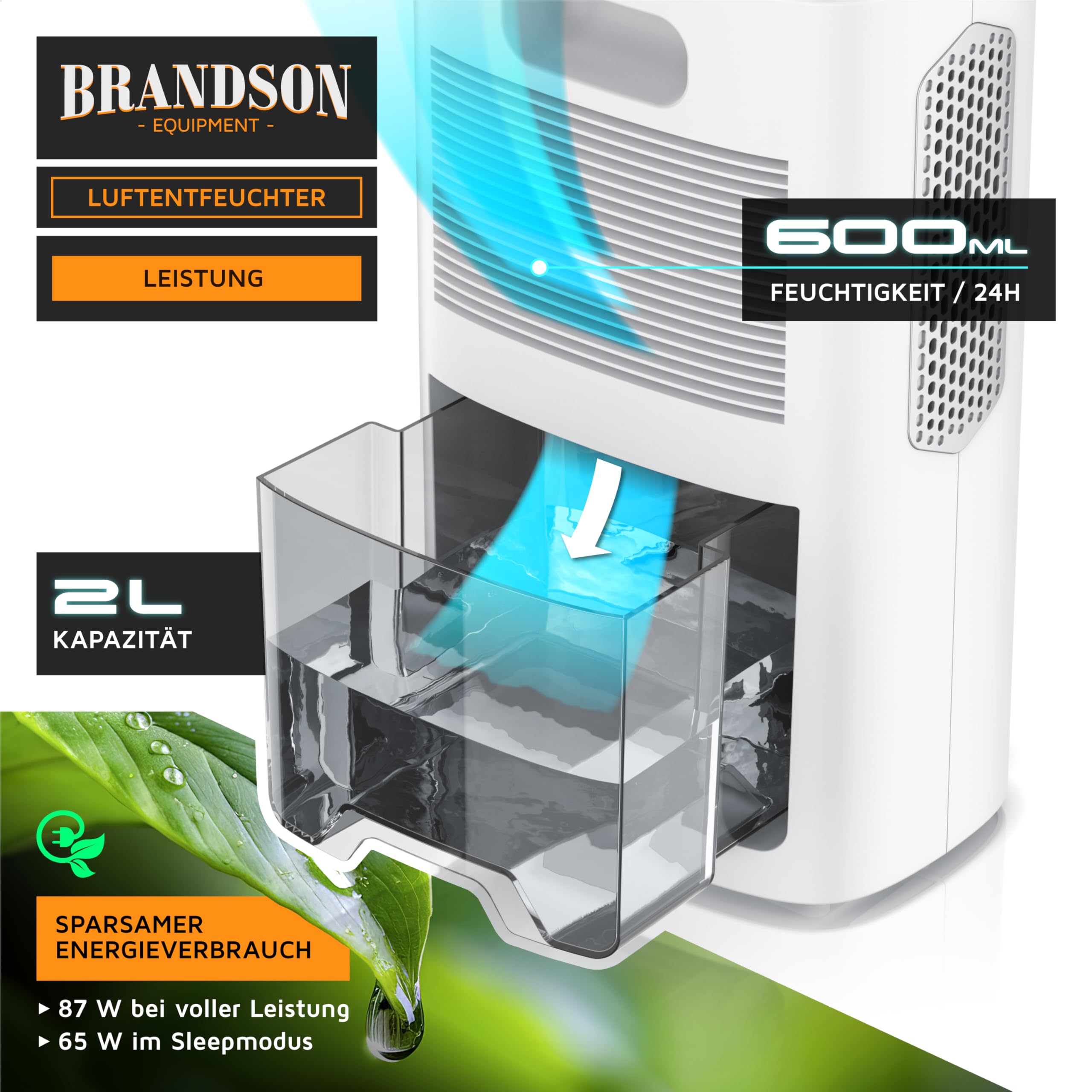 Brandson - Deshumidificador eléctrico - Deshumidificador - pequeño y silencioso - 2000 ml - Cocina Dormitorio Oficina Garaje