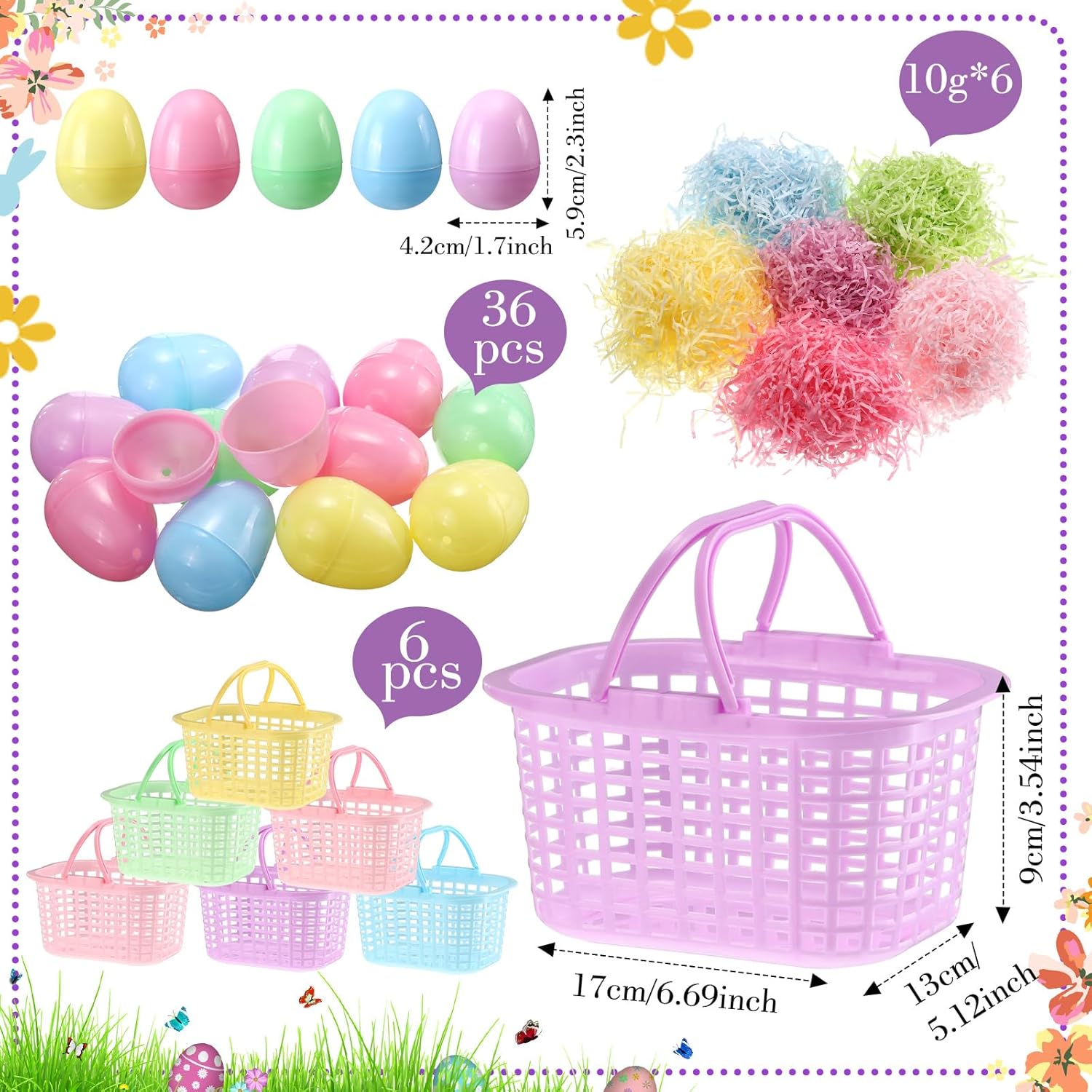 Jetec 48 Pcs Easter Egg Baskets Set, 6 Plastic Easter Baskets with Handle 36 Colorful Fillable Egg Surprise 6 Tissue Raffia Paper for Spring Theme Party Favors(Macron Color) - Image 2