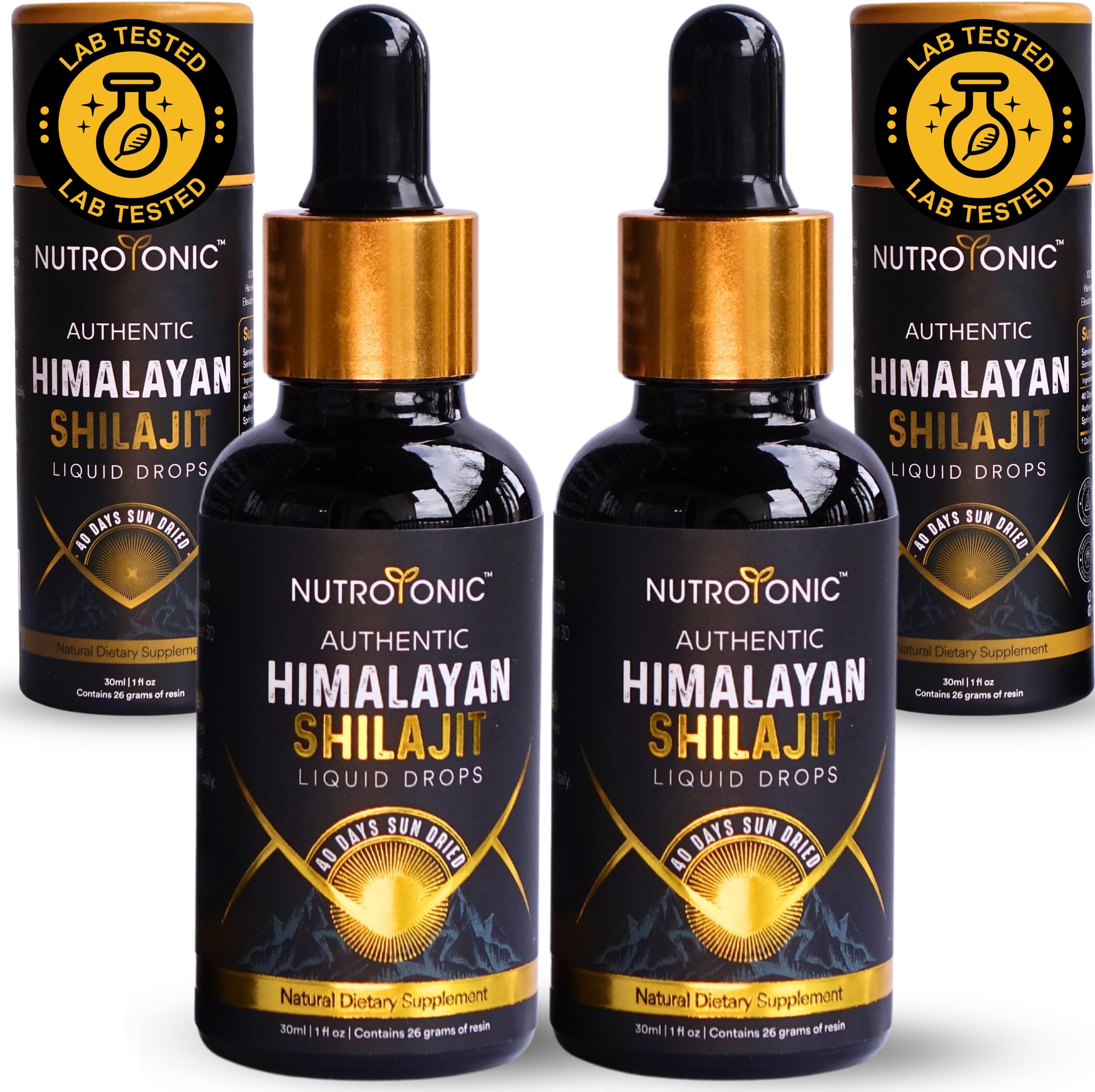 NutroTonic® Authentic Himalayan Shilajit Liquid Drops - Shilajit for Men & Women - 60 Days Sun-Dried – Rare Gold Grade A+ – Natural Source of 86% Fulvic & 10% Humic Acid (30ml) (Pack of 2)