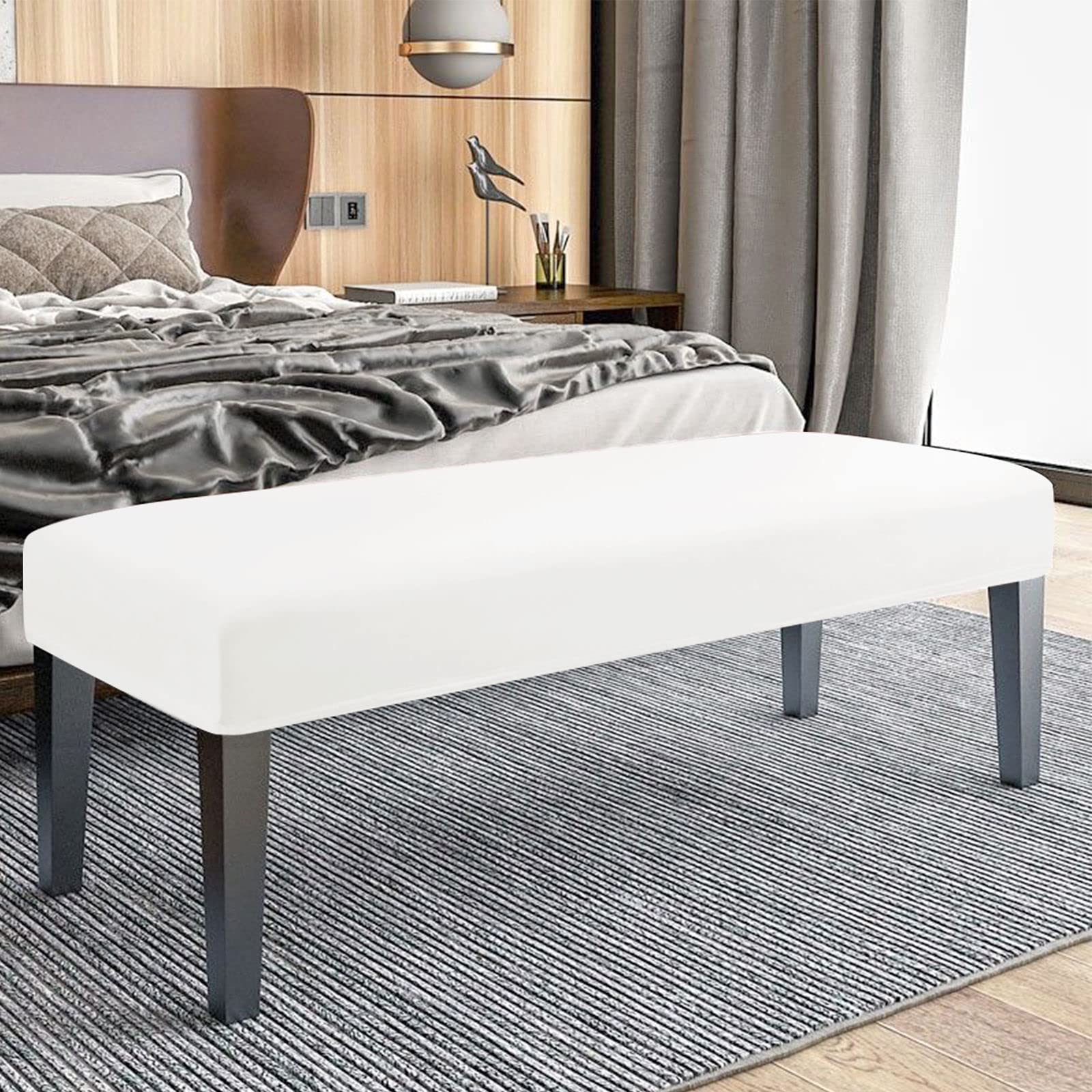 JHLD 1 Piece Upholstered Bench Slipcover, Velvet Bench Seat Protector Stretch Dining Room Bench Covers Soft Spandex Dining Bench Cover for Living Room Bedroom -White-1 Piece