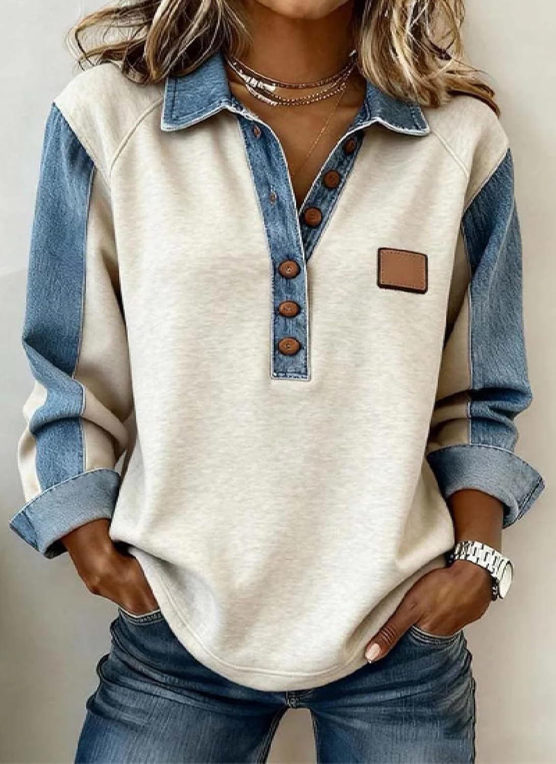 Women's 2025 Fall Denim Patchwork Long Sleeve Pullover Tops Casual Button Down Collar Sweatshirt Loose Fit Shirt - Image 2