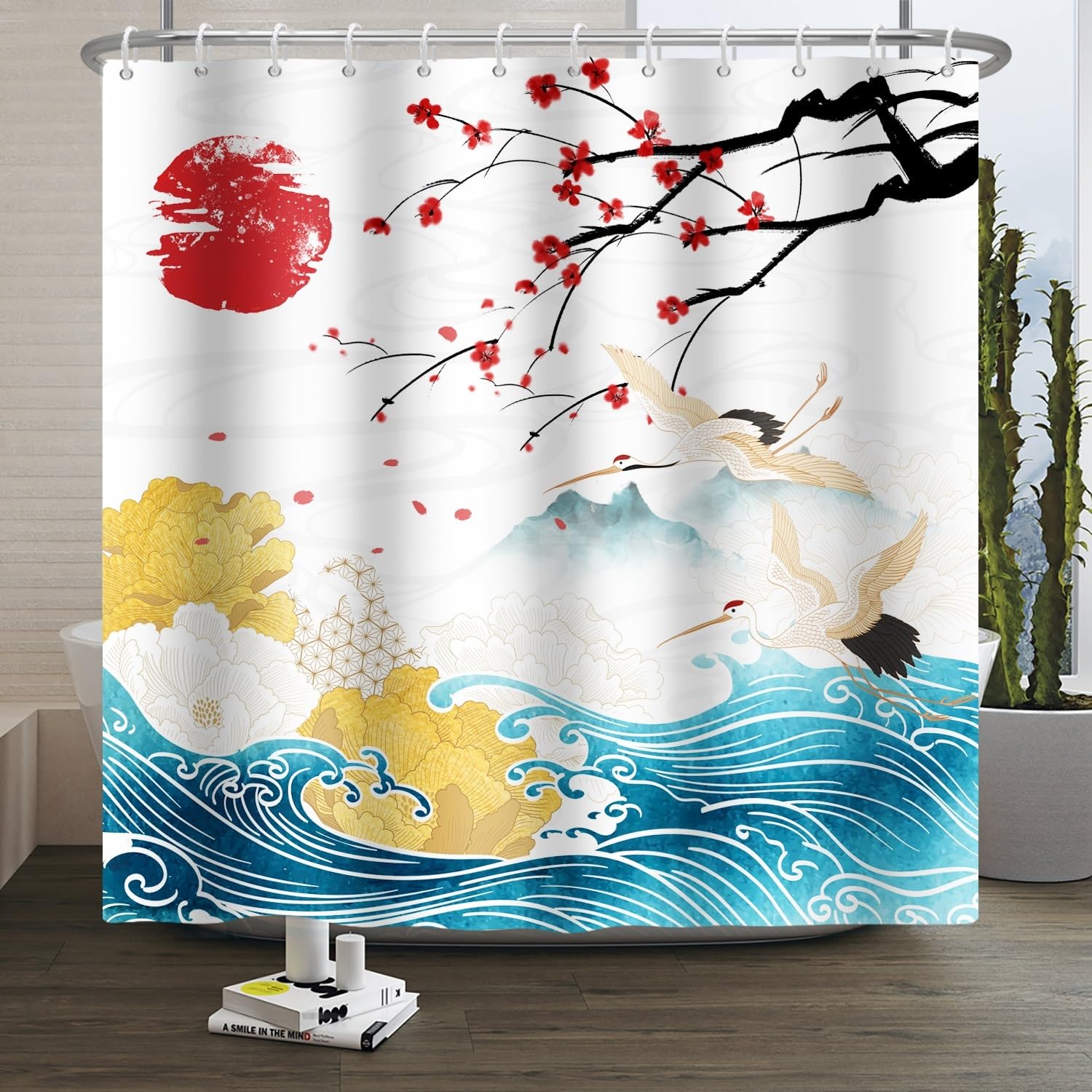 Xiaoterna Traditional Chinese Ink Painting Shower Curtain Japanese Ocean Fuji Mountain Crane Waterproof Bathroom Curtain Cherry Blossom Nature Landscape Mildew Resistant Bath Decoration 105x160cm