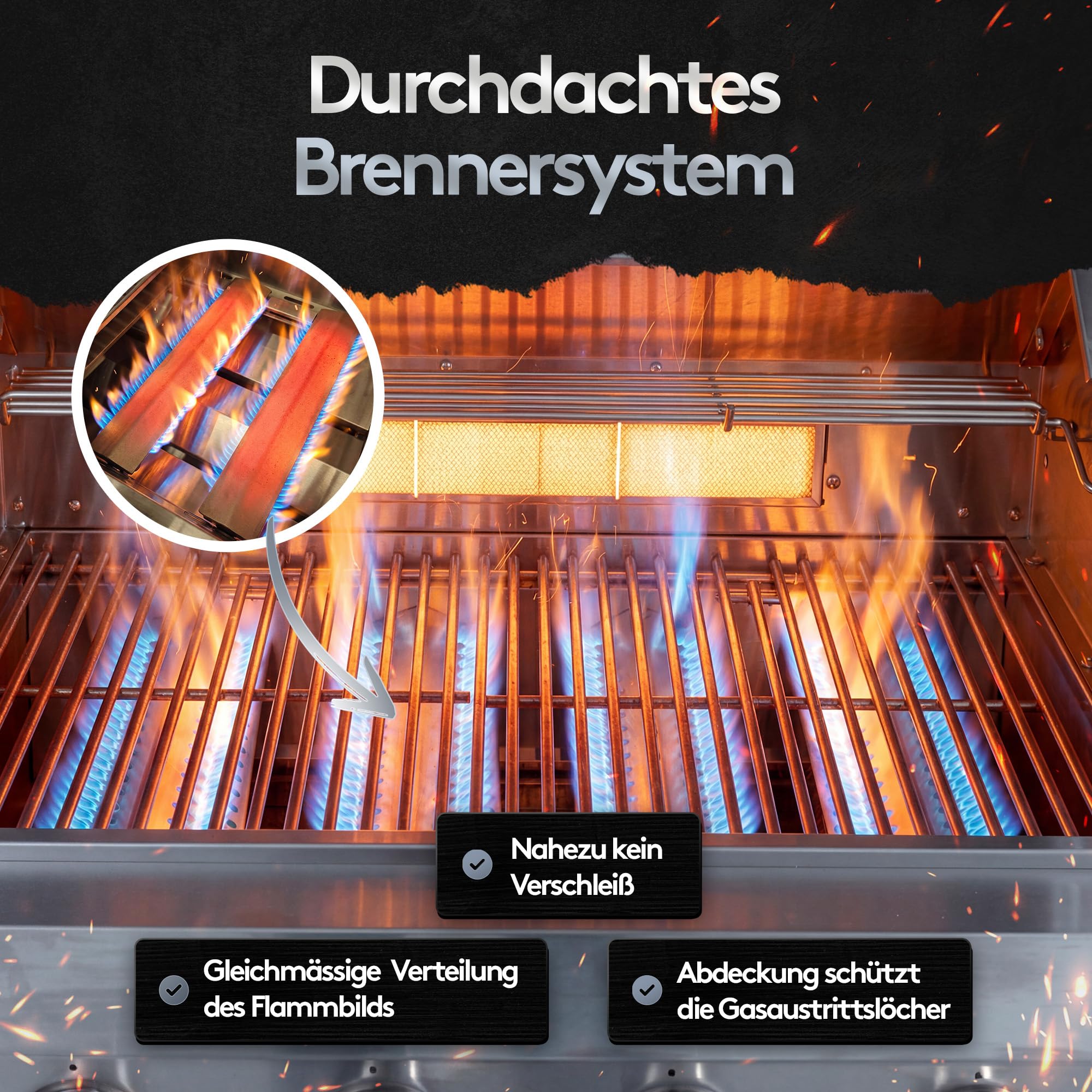 Outdoor Küche Edelstahl 6-Brenner 24,1 kW - Spüle Kühlschrank | inkl. Abdeckhaube, 4x langlebige Edelstahlguss Brenner, Infrarot Seitenbrenner Hot Zone & Backburner, Maße 248x63,5x121 cm