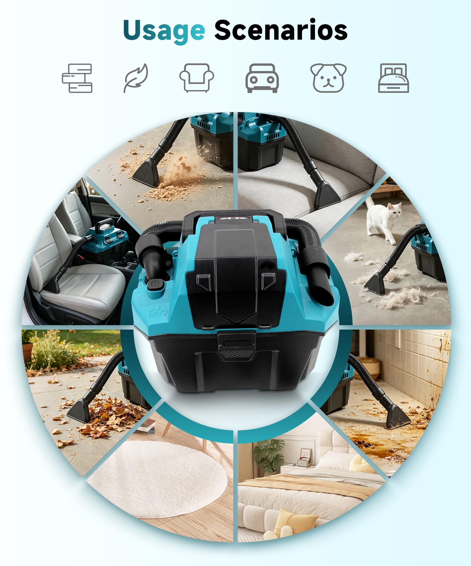 Aspirador con batería en seco y húmedo, 11 L, portátil, con motor de cepillo, potencia de succión de 16 KPa, 200 W, aspiradora industrial inalámbrica para taller, coche, garaje y hogar (sin batería ni