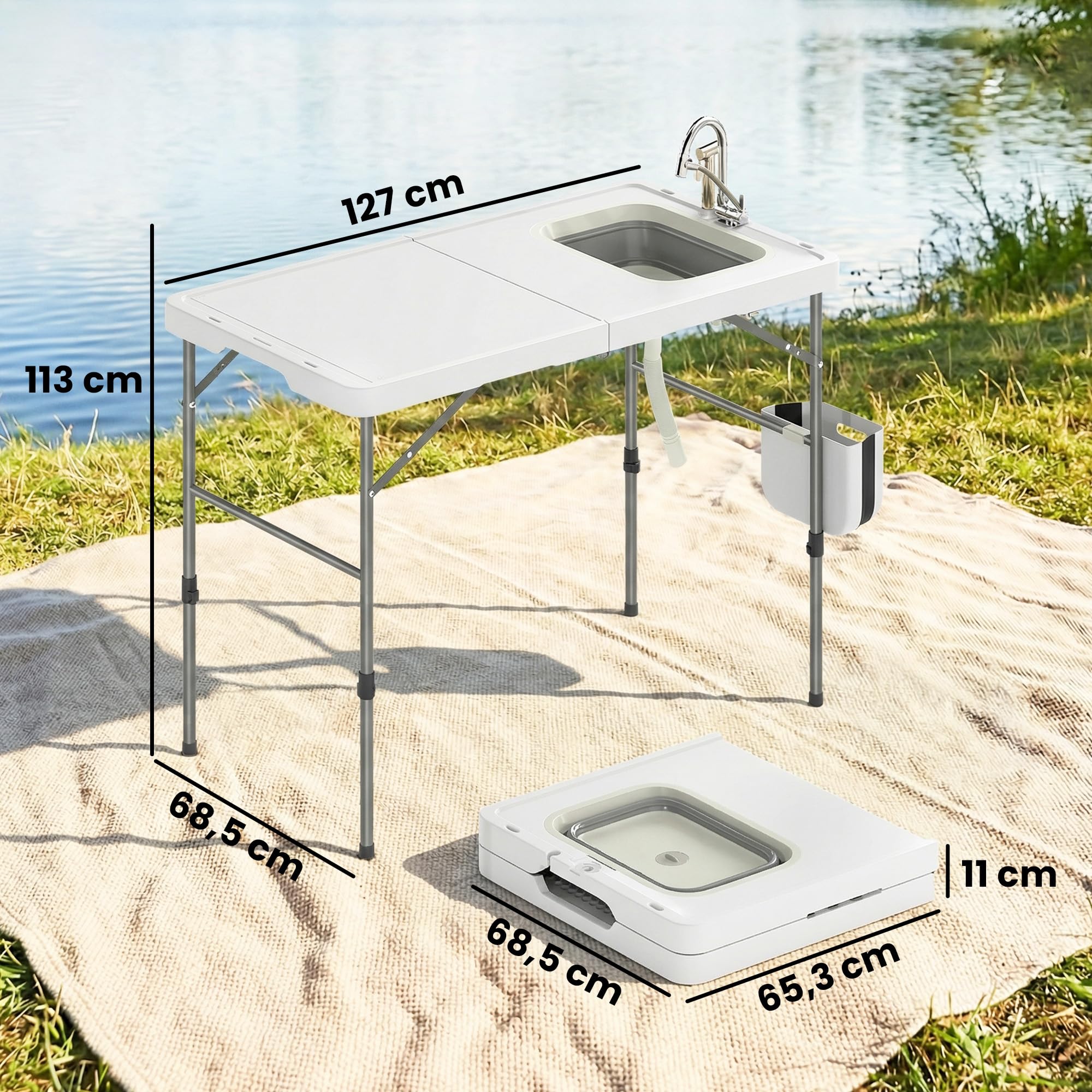 Outsunny Table de Nettoyage Portable pour Poissons, Table Pliante de Camping à Hauteur réglable, Robinet, évier et Panier Pliables, Tuyau, Sac de Transport, règle, rainures, Station de Nettoyage pour