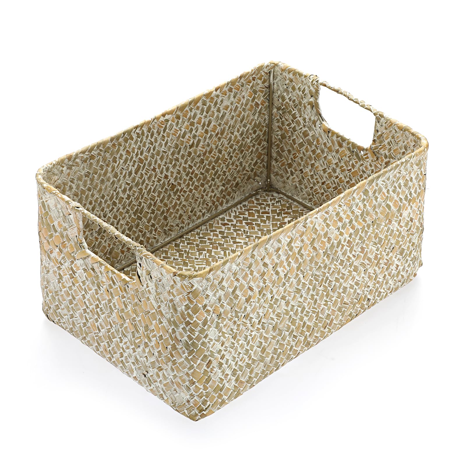 IGNPION Seagrass Storage Basket Woven Seagrass Desktop Rectangular Bathroom Storage Organiser Box, Shelves & Desks Decorative Multipurpose storage Hamper (Whitewash, Small)