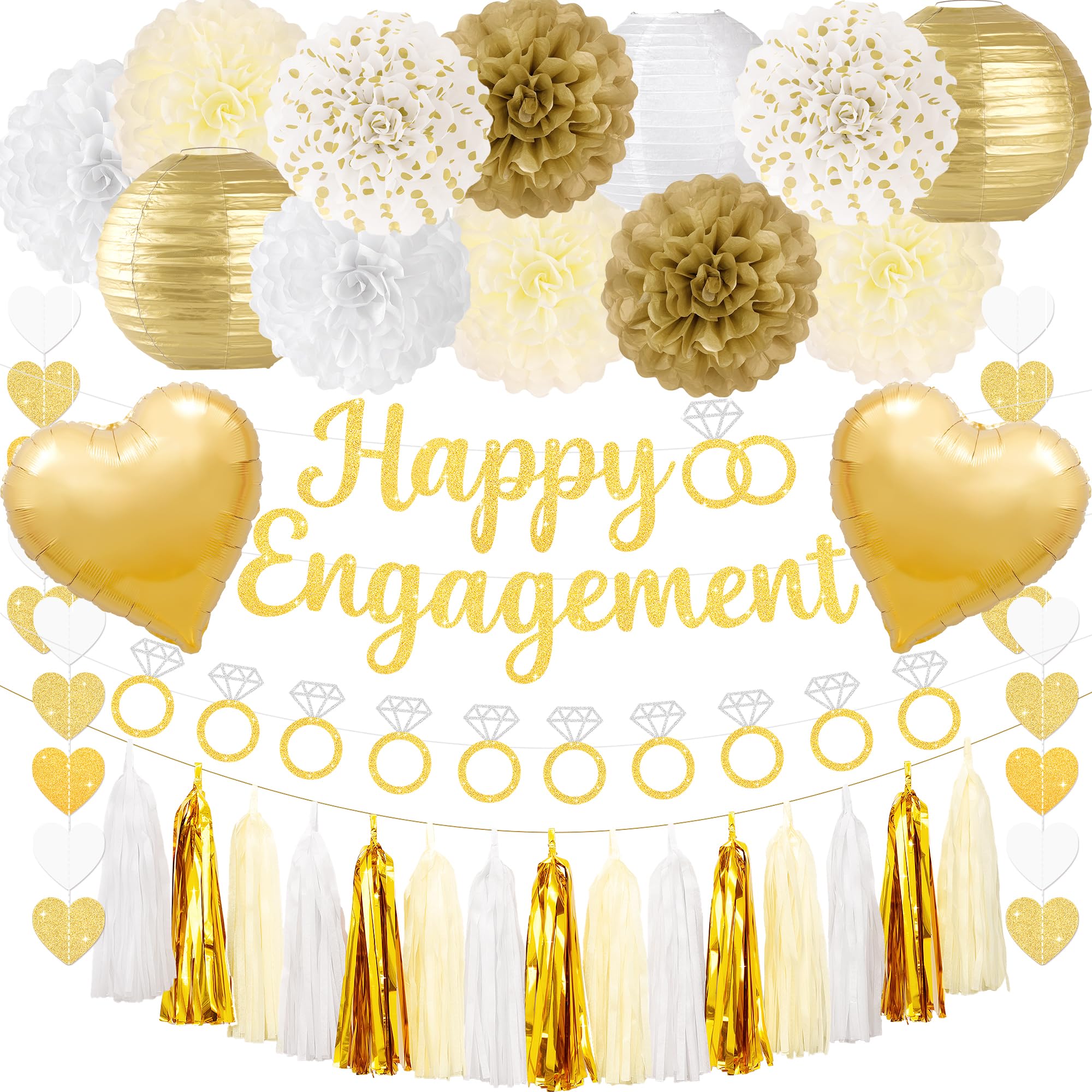 Kriyokiaa 17 Pcs Engagement Party Decorations, Gold Engaged Party Decor with Happy Engagement Banner, Hanging Balloons Paper Pom Poms Lanterns, Tassels for She Said Yes Just Engaged Decoration