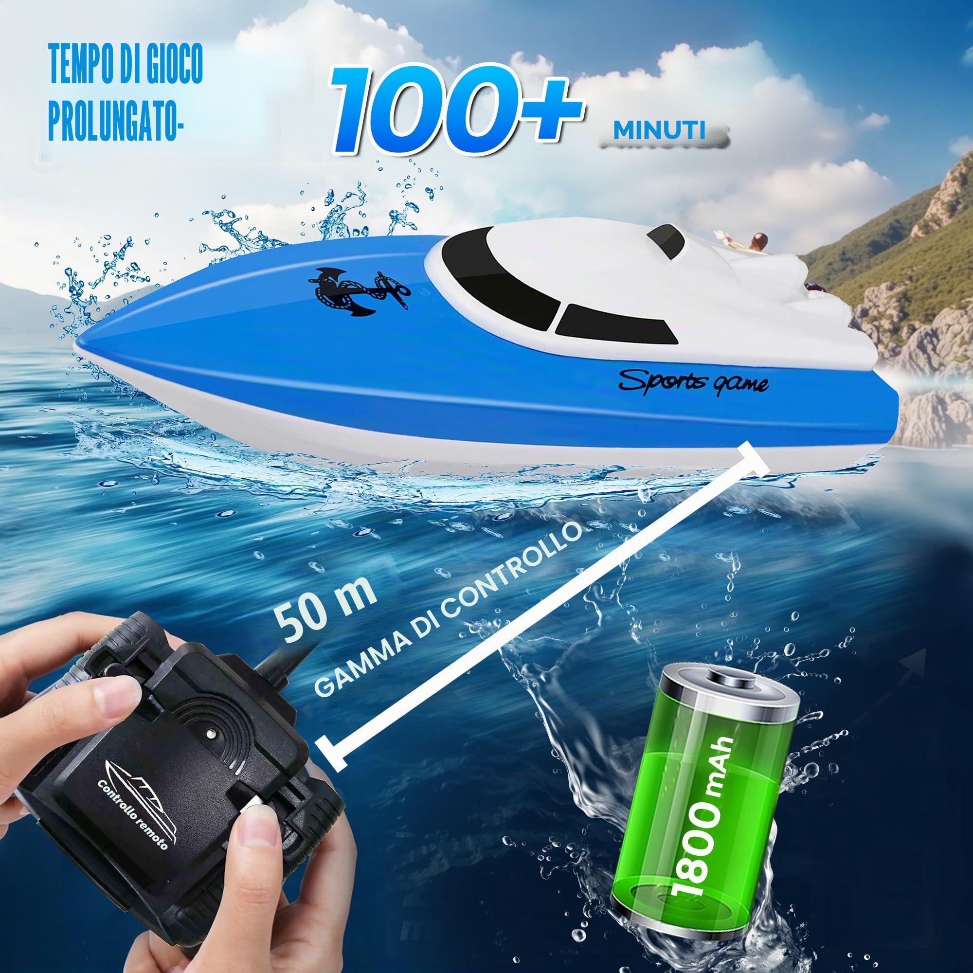 Barca Telecomandata per Bambini, Barca RC con Oltre 100 Minuti di Gioco, Barca ad Alta Velocità da 2,4 GHz per Lago/Piscina/Stagno, Giocattolo da Gioco Acquatico, Regalo per Ragazzi e Ragazze - Blu