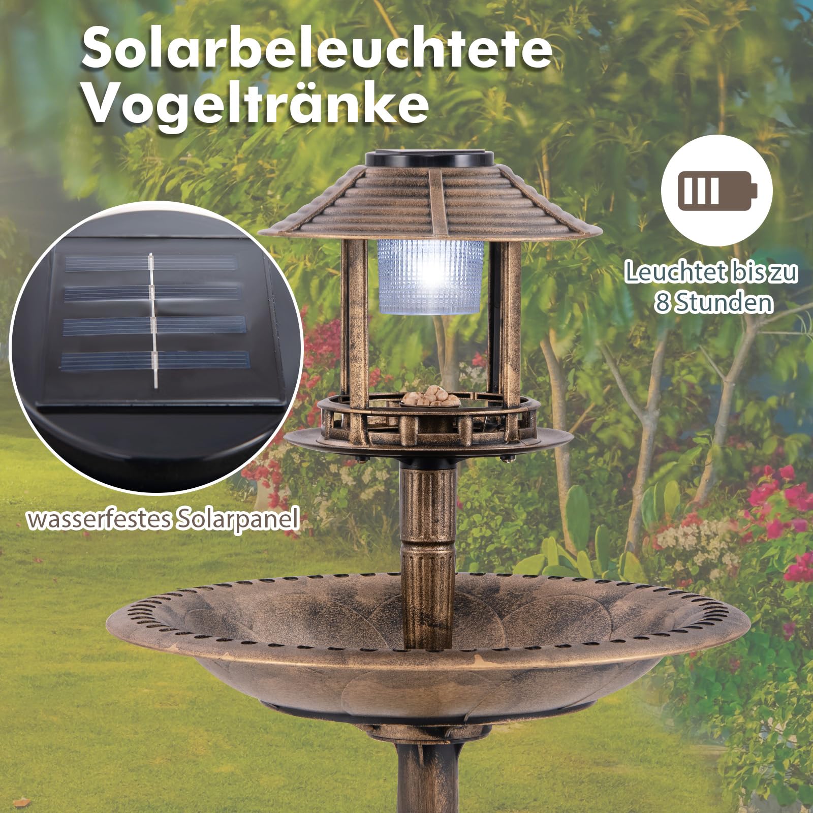 GOPLUS Vogeltränke stehend, Vogelbad Retro mit Solarlicht, Vogelbrunnen Winterfest mit Blumenpflanzer, Garten Tränke Bad für Wildvögel, Wassertränke für Vögel, Bird Bath für Outdoor (Antik-Bronze)