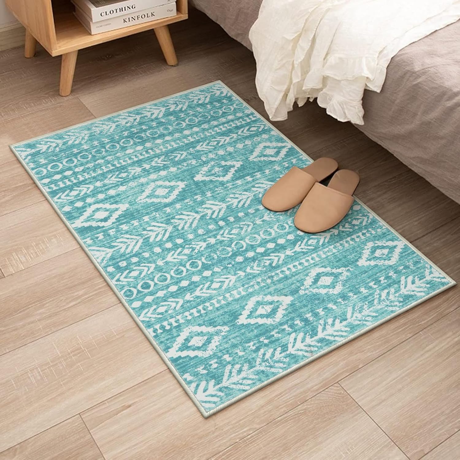 Lahome Rustic Geometric 2x3 Rug, Washable Teal Entryway Rug Indoor Door Rug with Rubber Backing, Ultra-Thin Soft Farmhouse Entry Throw Rug Non-Slip Small Area Rug for Entrance Bathroom Varena