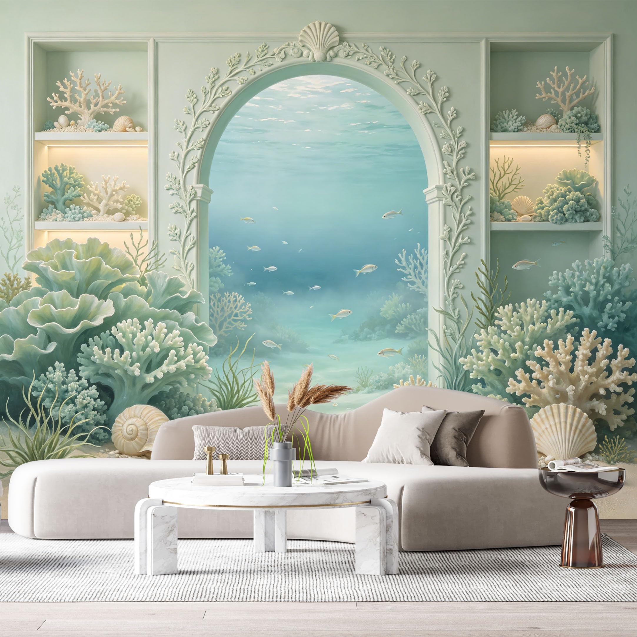 Custom Size Wall Murals Ocean Marine Coral Reef Shells 3D Trompe L'Oeil SelfAdhesiveWall Fabric Removable Wallpaper Wall Decor for Living Room Bedroom Bathroom