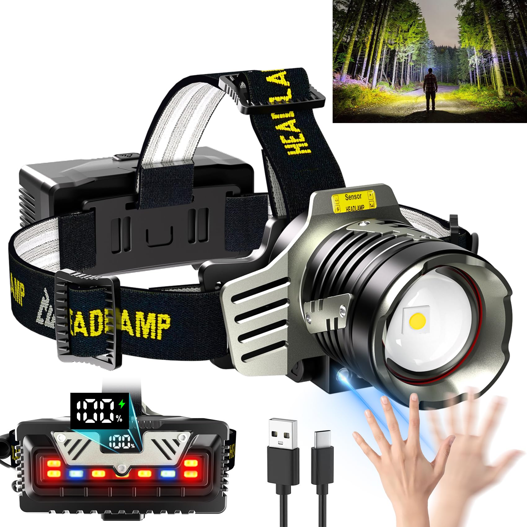 Rechargeable Headlamp, 3500 LM Super Bright Head lamp, 9 Mode, Motion Sensor, Digital Display, Led Headlamps with Red Light, Headlamp Battery Powered for Camping, Running