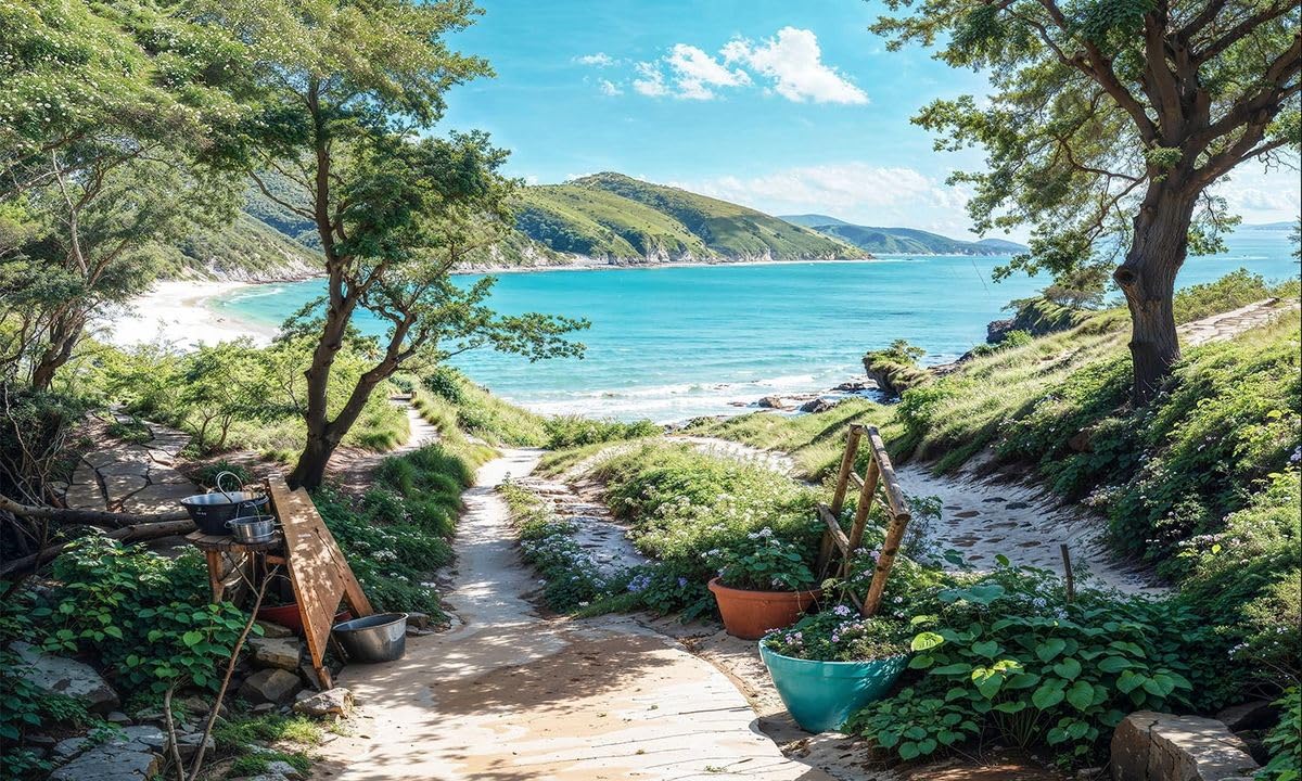 Mural Gardens Sandy Cliff Beach Garden Mural Curtain Waterproof Outdoor Tapestry Coastal Pathway Wall Art Seaside Fence Decor W300Cm H180Cm from B&Q