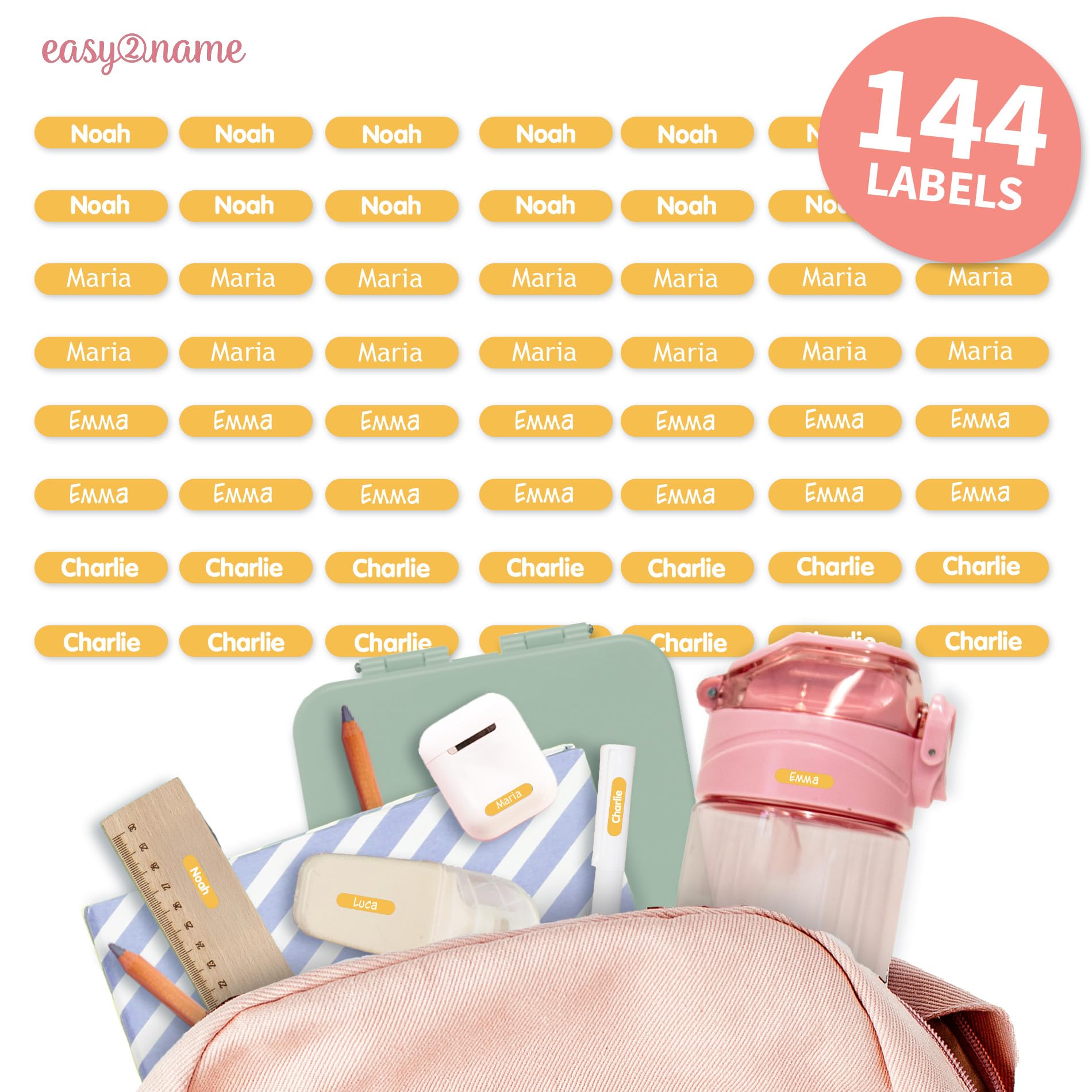 Easy2Name - Personalised mini XS Name Labels - Waterproof Name Stickers for Children and Adults - Ideal as Name Stickers in The Office, Workshop or School - 20x4mm - Coloured (Yellow, 144)
