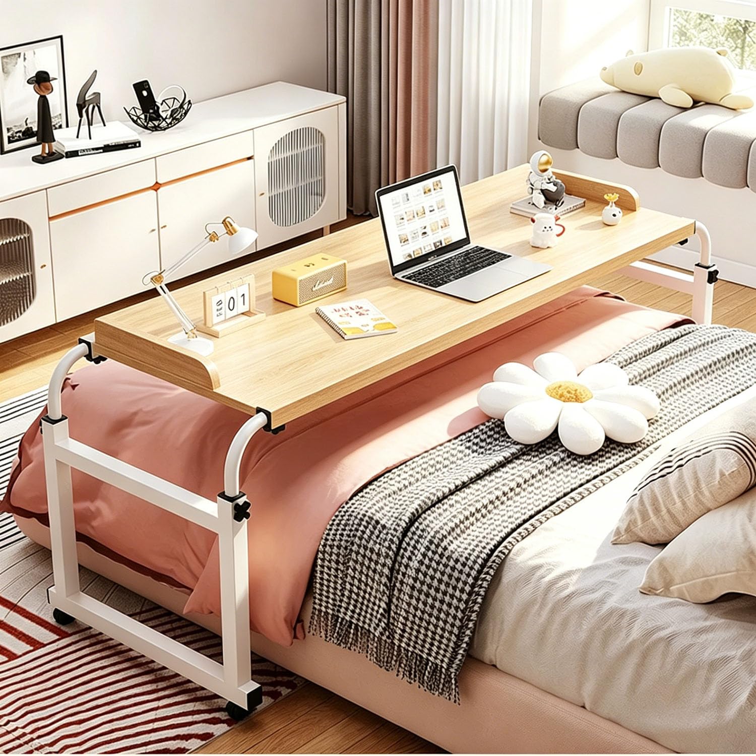 GXQFC Mobile Cross-Bed Laptop Worktable, Height Adjustable Frame Overbed Desk with 3-Sided Anti-Fall Baffle, Lockable Silent Castors, Large Tabletop for Double Bed Bedroom Work & Dining(Color:Wood)