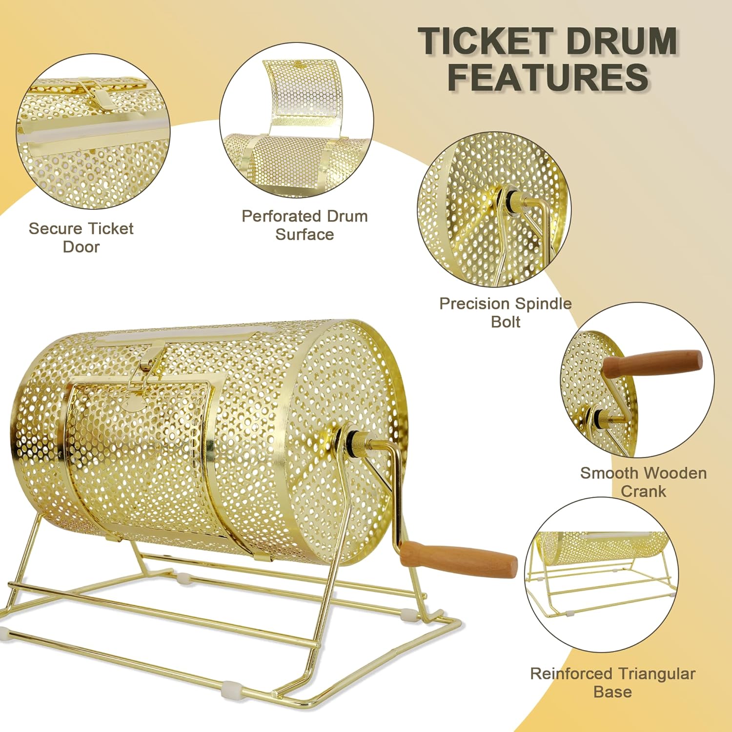 Raffle Drum, Brass Plated Raffle Ticket Spinner Cage Box with Wooden Turning Handle, Large Capacity Holds 2500 Tickets or 100 Ping Pong Balls, Raffle Wheel Spinner for Lottery Games Raffle Balls Bingo