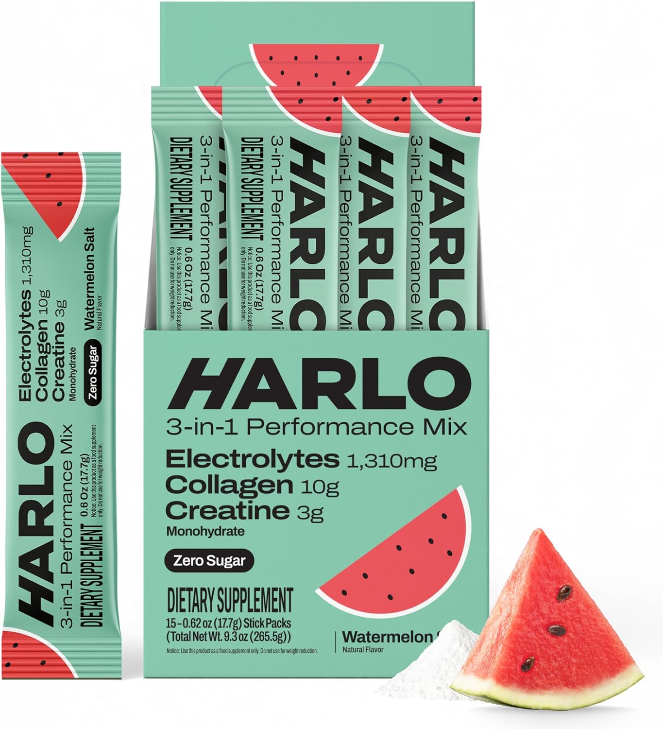 Harlo 3-in-1 Electrolytes Powder with Collagen & Creatine – Hydration, Muscle & Joint Support | Zero Sugar | Watermelon Salt | 15 Stick Packs