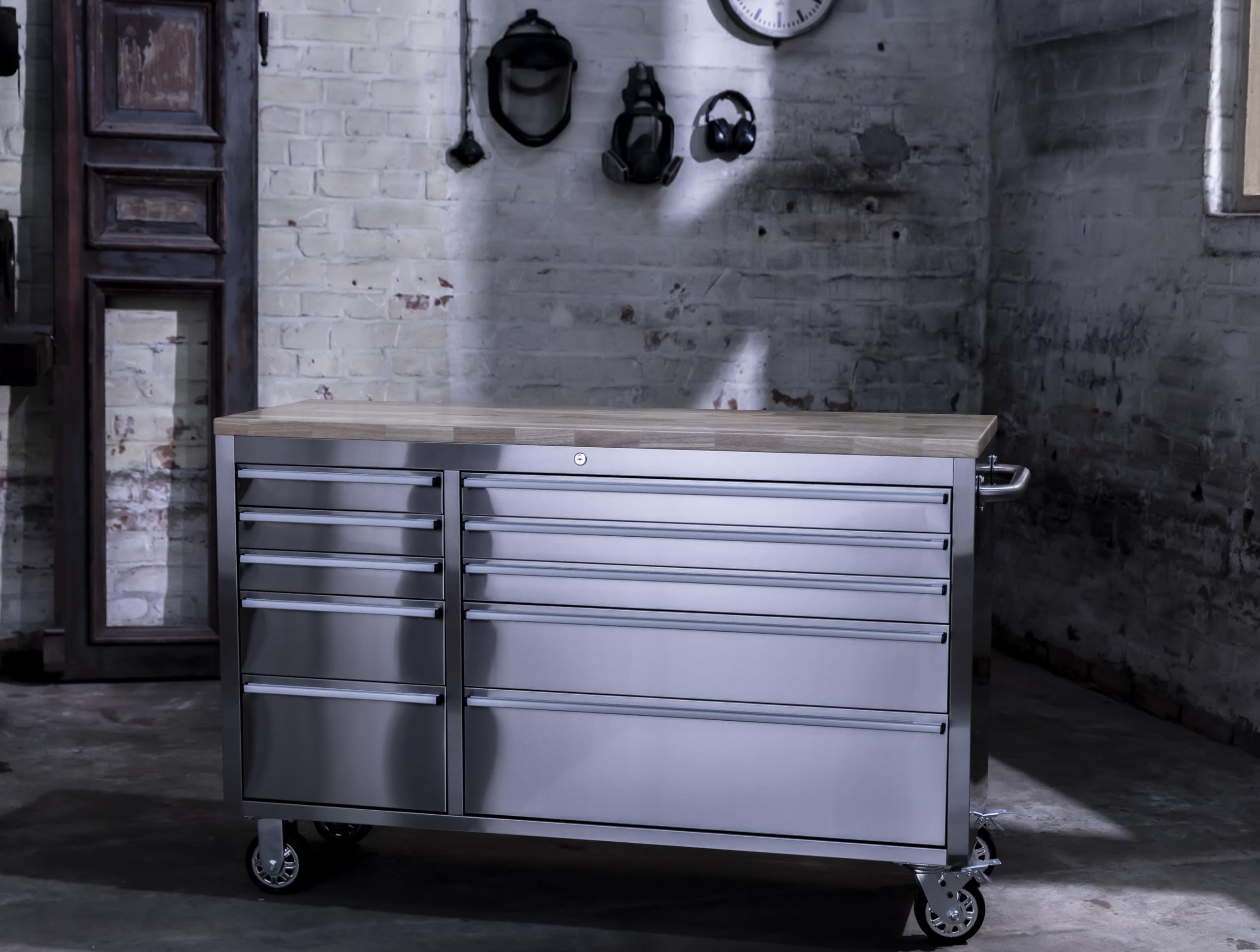 Ondis24 Edelstahl-Werkstattwagen Werkzeugwagen mit 10 Leichtlaufschubladen & XL-Massivholzarbeitsplatte, Lenkrollen, fahrbare Werkbank, unbestückt (Silber, 148 x 47 x 92 cm)