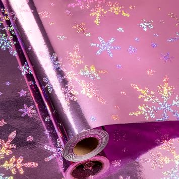MAYPLUSS Christmas Wrapping Paper, Pink Snowflake Wrapping Paper, Elegant Holographic Sparkle Snowflake Christmas Gift Wrap for Winter Holiday Scrapbook Paper, Festive Decoration 17 Inch X 33 Feet
