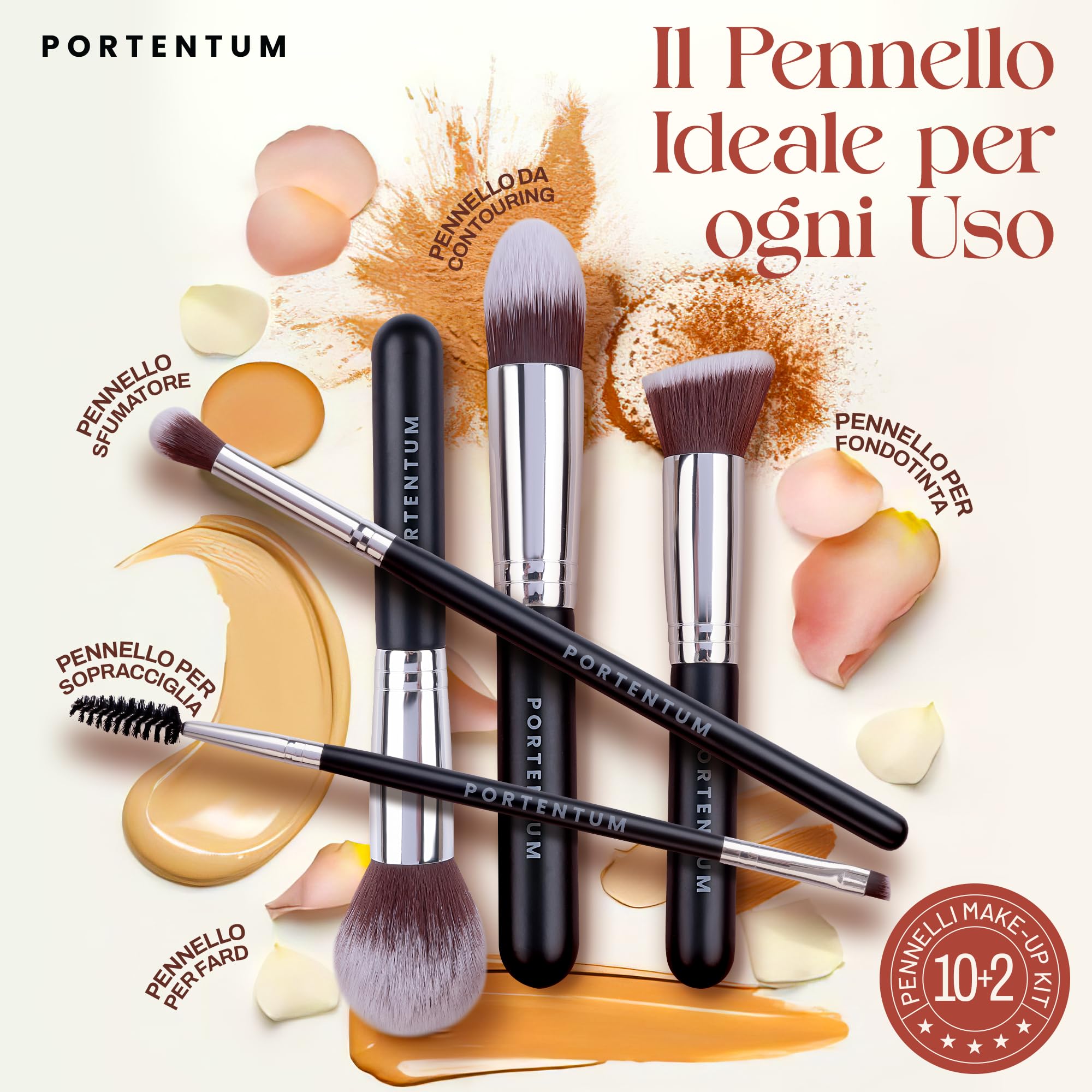 PORTENTUM Set Pennelli Make Up 10 + 2 Premium synthetic pennelli trucco per fondazione cipria fard, ombretto, Set di pennelli make up, kit con spugnetta e Blender Beauty