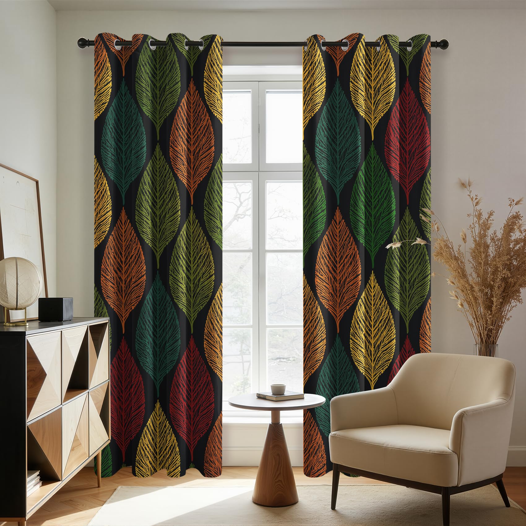 Mistela Blätter Verdunklungsvorhänge - Gardinen Boho Bunte Blätter Blickdicht Vorhang mit Ösen Verdunklungsvorhänge für Kinderzimmer Wohnzimmer Schlafzimmer Dekoration - 2er Set - H220 x B140cm