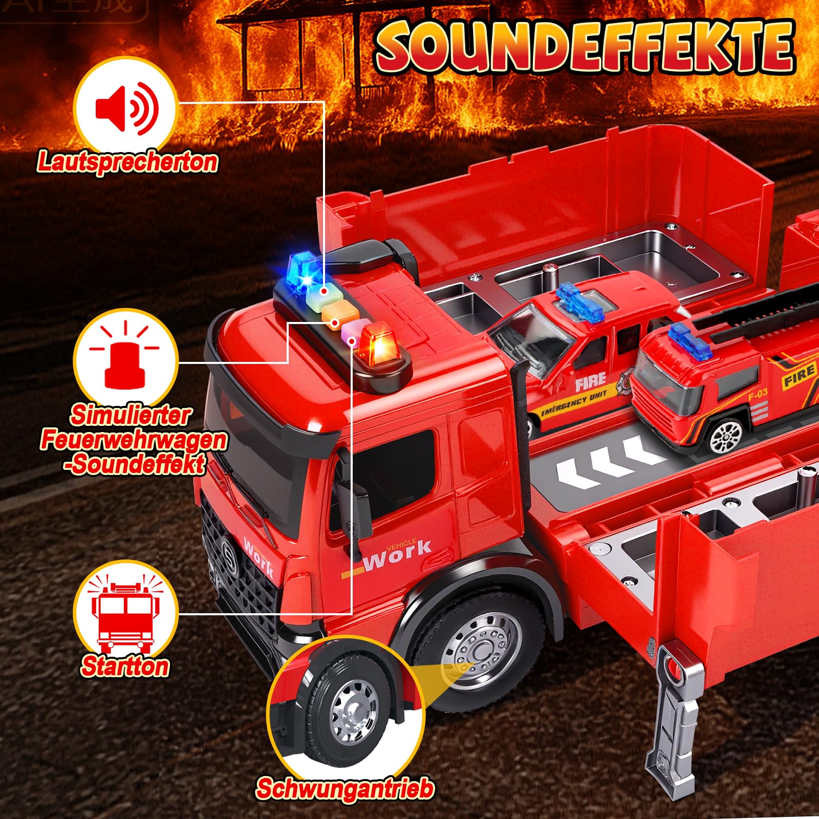 JONRRYIN Feuerwehrauto Groß, Feuerwehr Auto Spielzeug mit Drehleiter, Sound und Licht, Wasserspritz Funktion, Feuerwehr Spielzeugauto, Geschenk für Jungen, Kinder Löschfahrzeug für Junge 3 4 5 Jahre