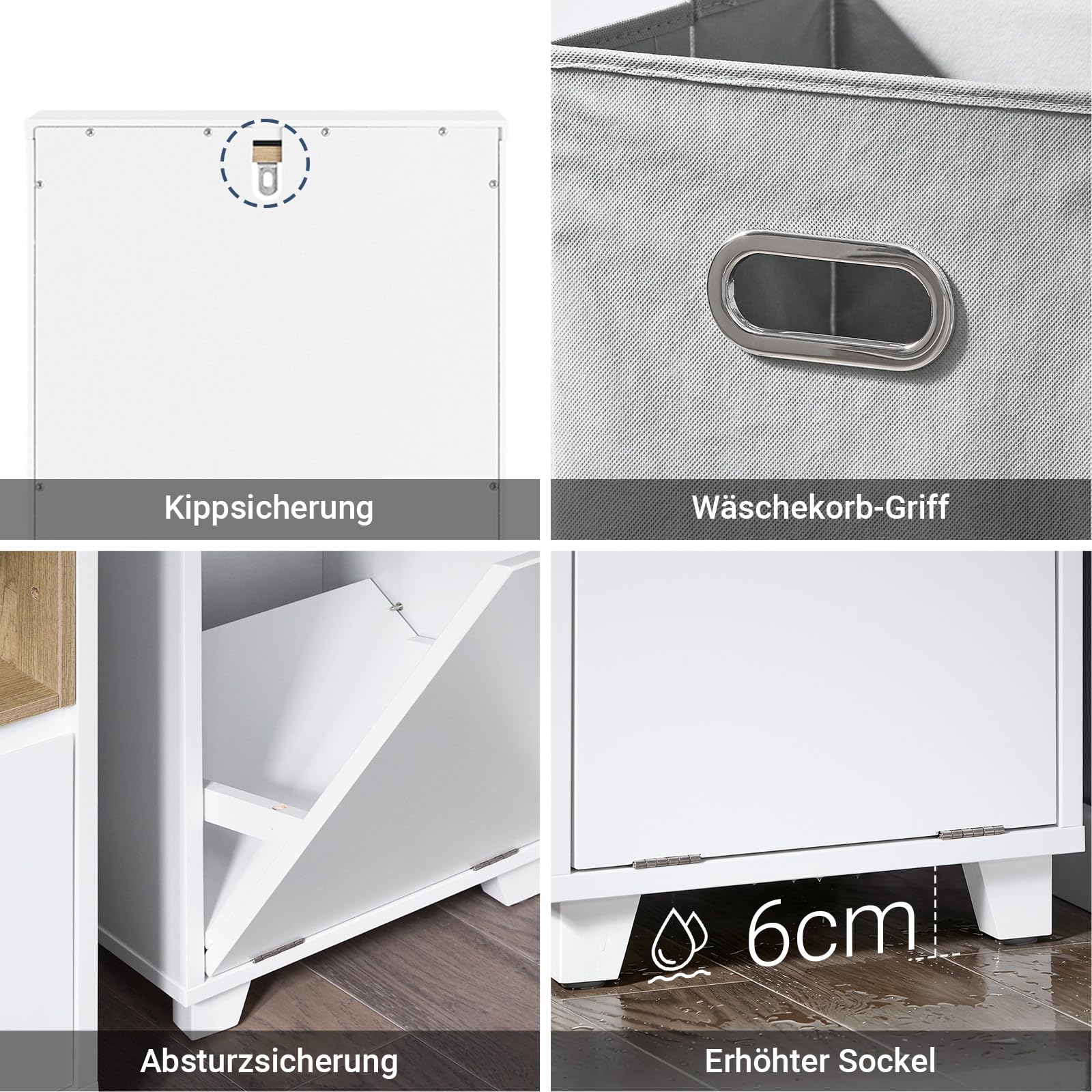 SoBuy Badezimmerschrank mit Wäschekorb für Badezimmer, 35x105x30 cm Weiß | Schmaler Wäscheschrank mit ausklappbarem Wäschesack & 2 offenen Fächern – Badmöbel aus Holz, BZR146-W