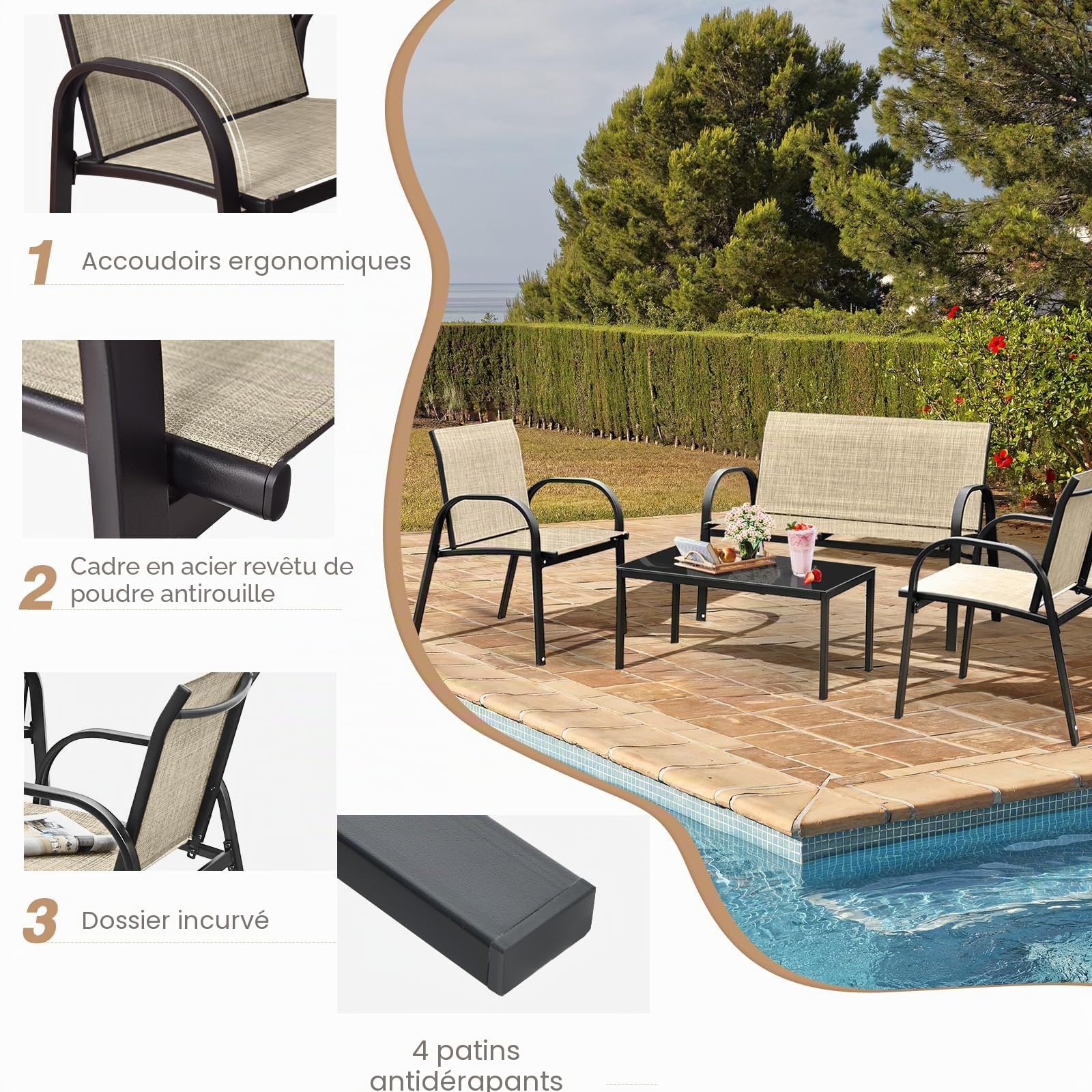GIANTEX Salon de Jardin Exterieur 4 Pièces, Table Basse en Verre Trempé, 2 Place Canapé, 2 Chaises, Mobilier de Jardin 4 Personnes en Tissu Respirant pour Terrase, Piscine, Patio, Marron