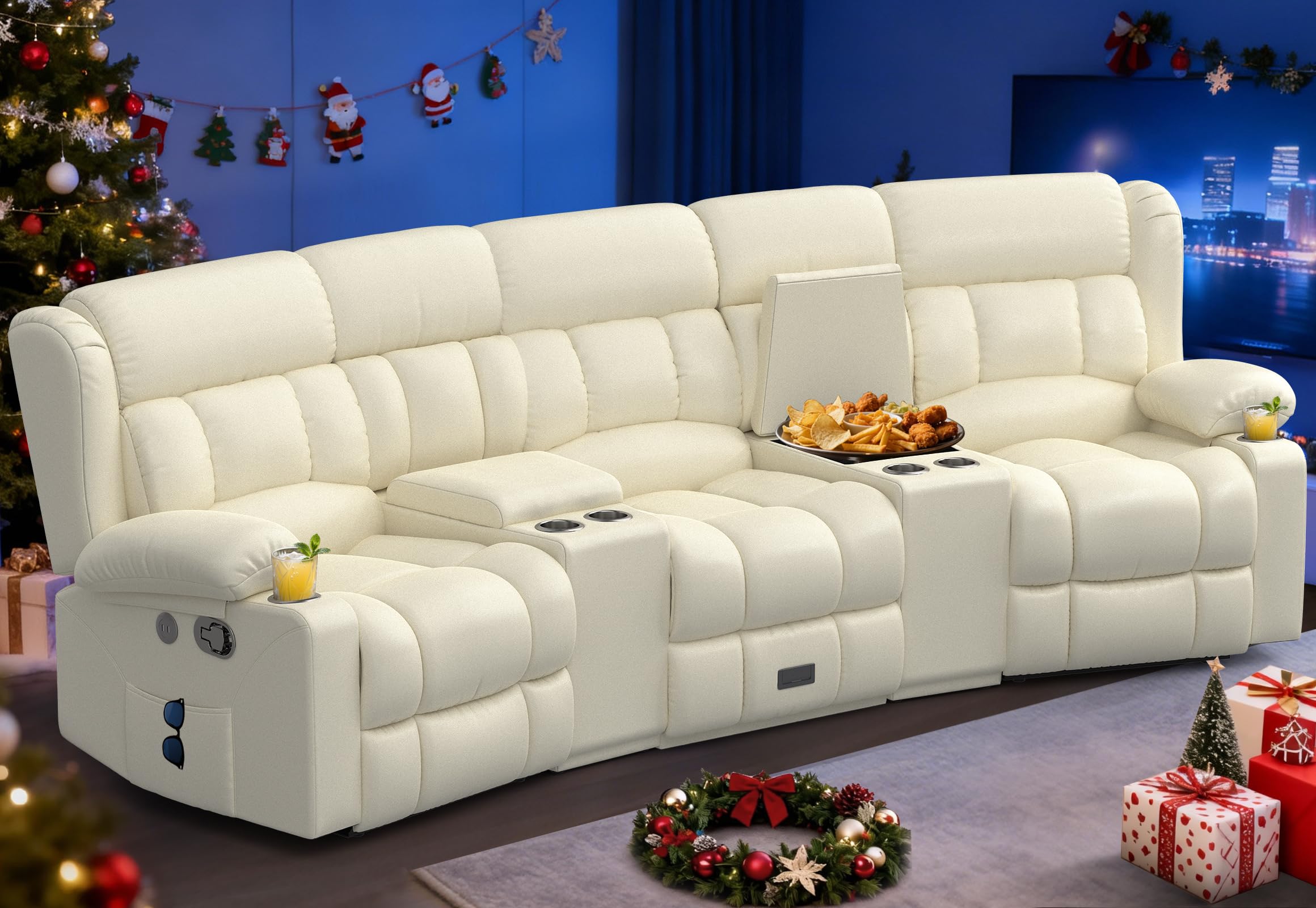 Loveseat Recliner Sofa with Flip Backrest Design, 3 Seat Reclining Couch with Storage Console, Drawer, Pocket &amp; USB Ports, Wall Hugger RV Sofa Recliner Couch for Home Theater Seating