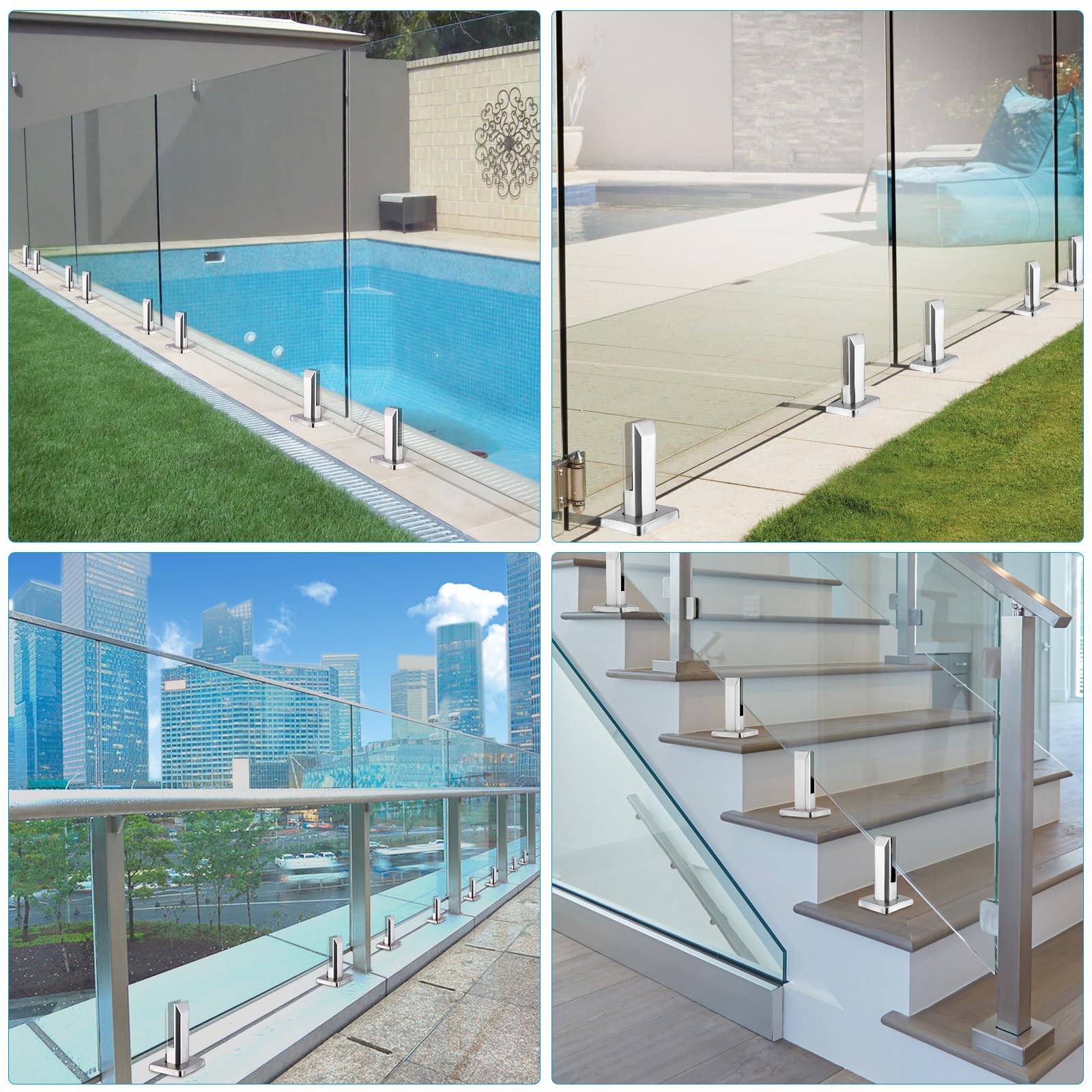 4 Pezzi Morsetto per Vetro in Acciaio Inox, Ringhiera per Piscina Vetro, per Vetro da 8-12 mm/0,3-0,5" di Spessore, Recinzioni in Vetro da Parete per Casa Scale Piscina Balaustra Balcone Giardino