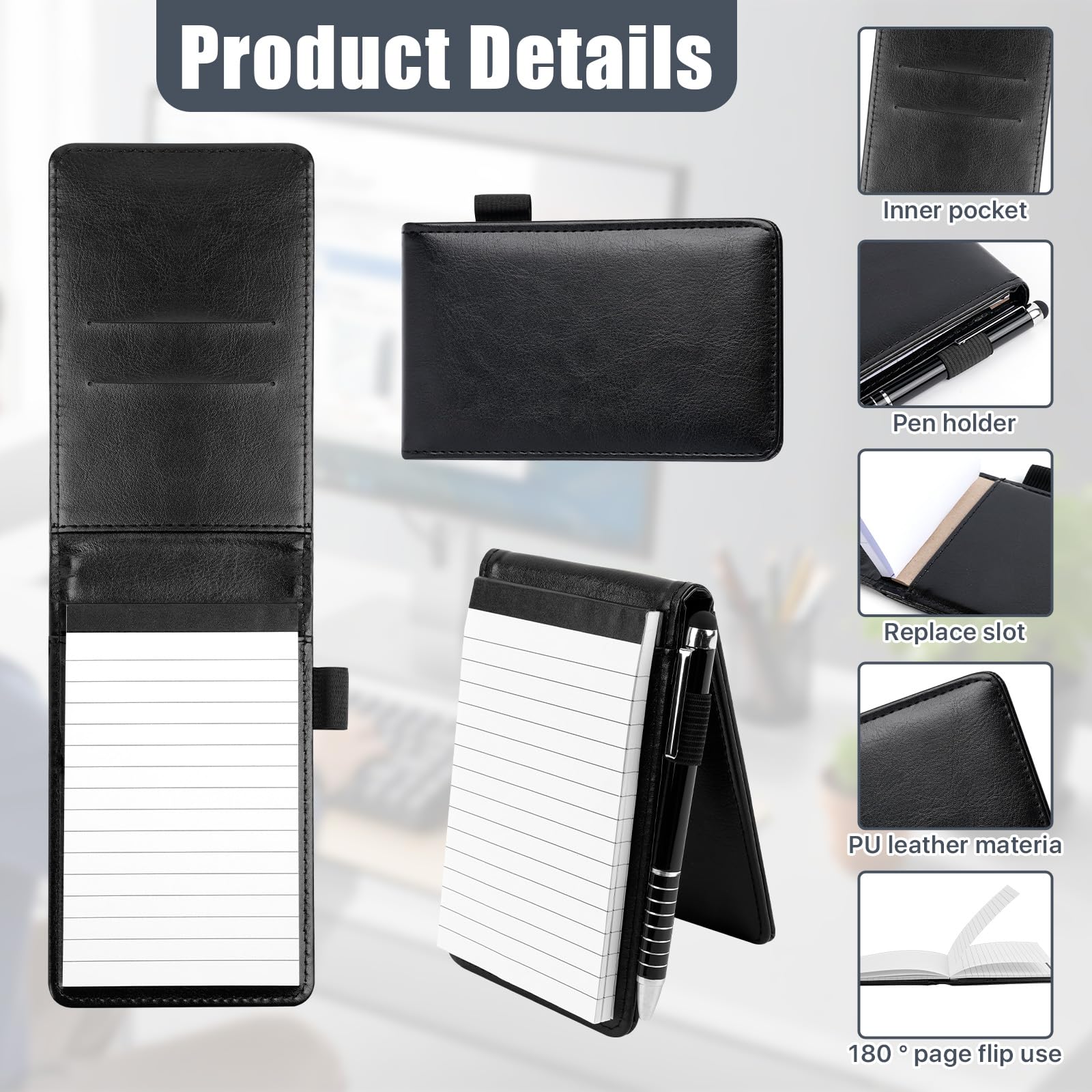 Akamino 12 Pcs Mini Pocket Notepad Holder Set, A7 PU Leather Notebook Holder with Lined Sheets,Metal Pen &3x5In Memo Book Refills with 30 Lined Paper Per Note Pad for Conference Business Travel(Black) - Image 3